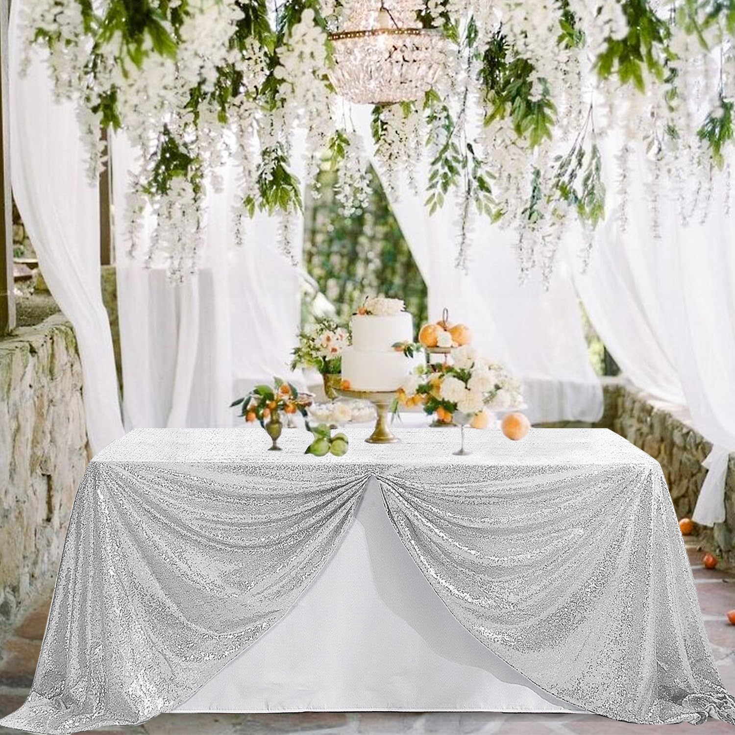 Pufogu 60x102 Inch Silver Sequin Tablecloth - Glitter Rectangular Table Cover for Birthday, Wedding, Bridal & Baby Shower Party Decorations - Perfect for Holiday Celebrations, Banquets and Special Events