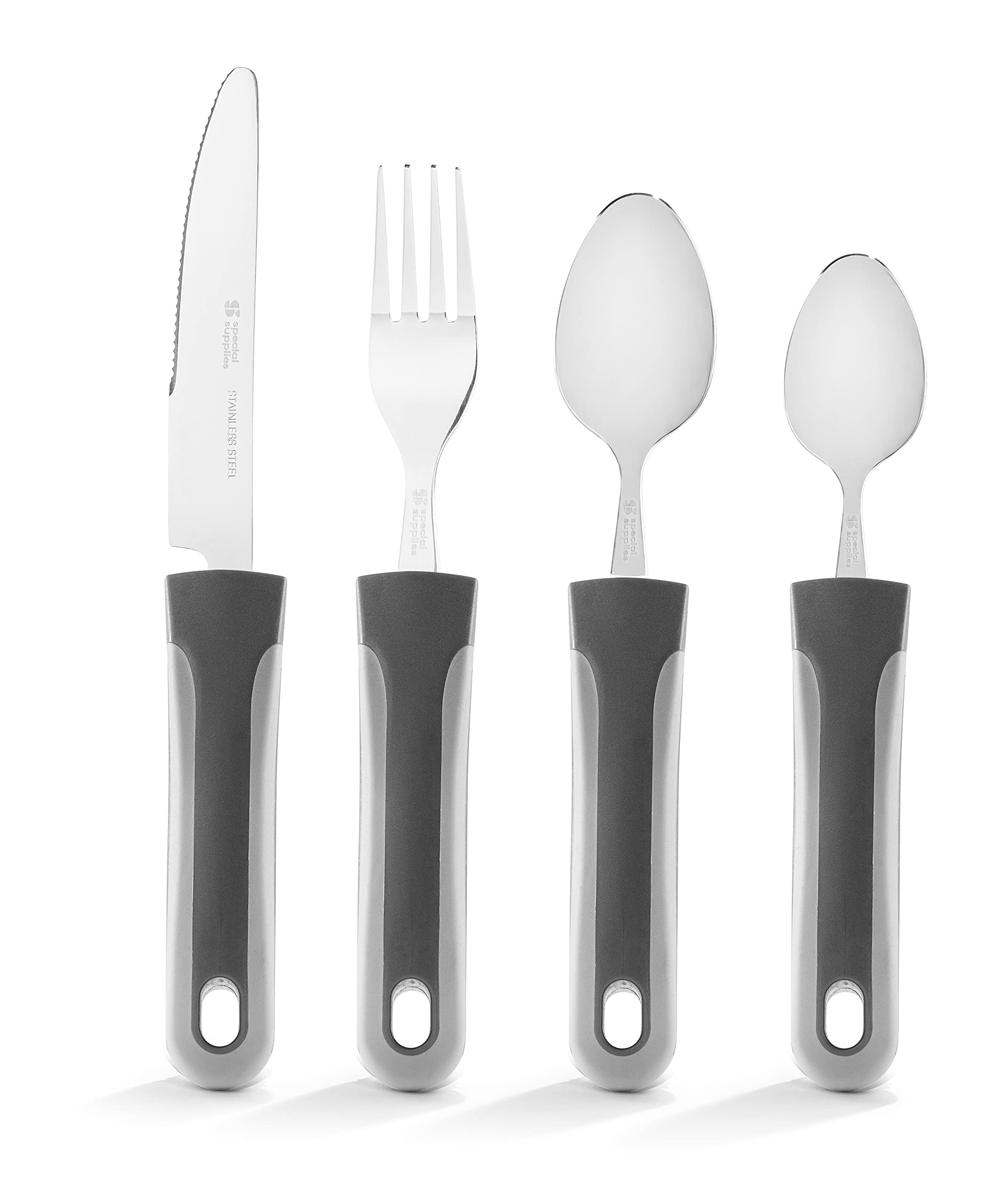 Special Supplies Adaptive Utensils Set for Hand Tremors & Arthritis - 4-Piece Kitchen Tools with Non-Slip Handles (Stainless Steel Knife, Fork, Spoons) - Ideal for Parkinson’s, Elderly & Disabled Users - Gray Striped Design for Easy Grip & Comfortable Dining