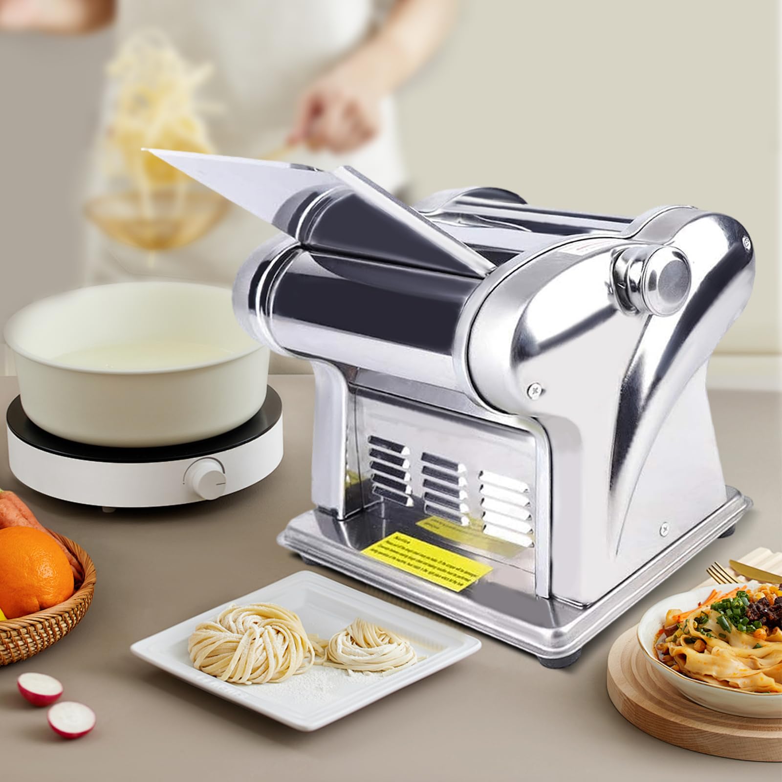 Electric Pasta Maker Machine 135W 110V - Stainless Steel Noodle & Dumpling Dough Press with Dual Cutting Dies (1.5mm Thin & 4mm Wide) - Perfect for Homemade Pasta, Ravioli, and Asian Dumplings - Ideal for Italian Cuisine and Family Cooking