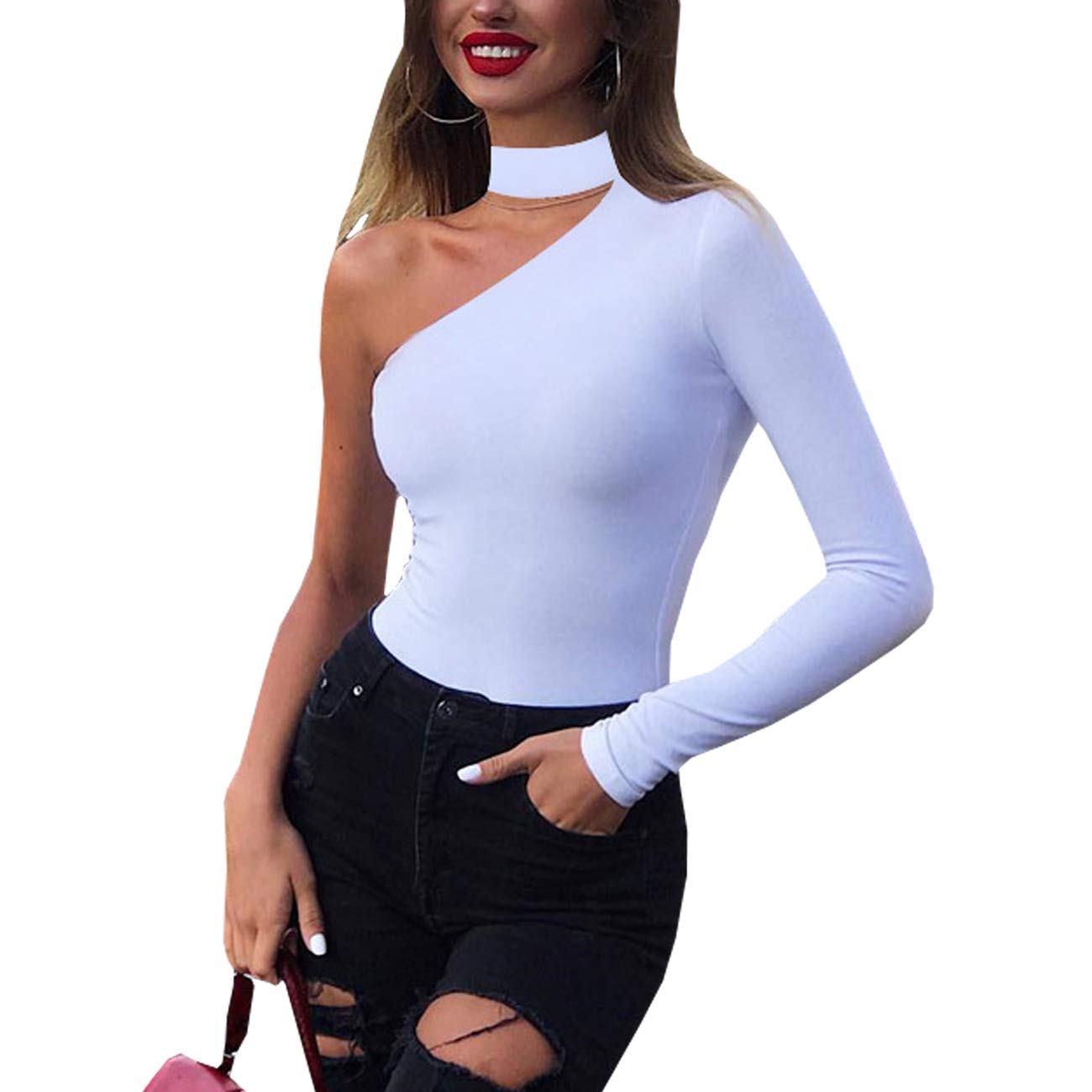Weigou Women's Halter One Shoulder Long Sleeve Bodysuit - Stretchy Bodycon Jumpsuit & Leotard for Yoga, Dance, and Night Out Outfits