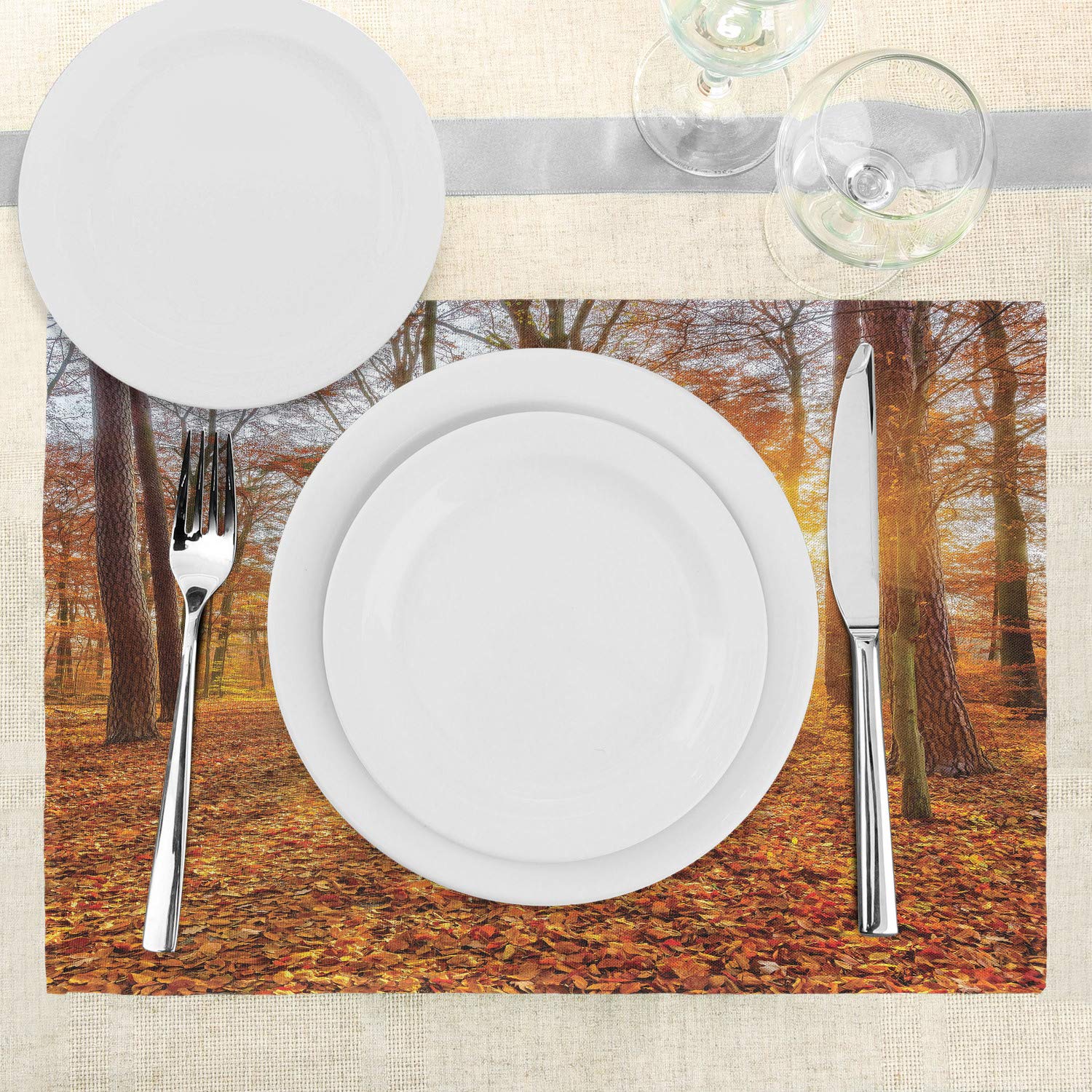 Ambesonne 4-Pack Forest Placemats - Waterproof Washable Fabric Table Mats with Foggy Sunset Woodland Design for Dining Room & Kitchen Decor (Orange, Brown, Yellow) | Perfect for Fall Tablescapes, Thanksgiving Dinner, and Rustic Home Decor