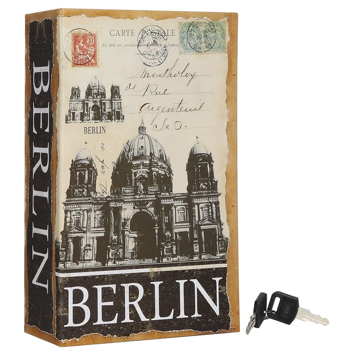 Lovndi Diversion Book Safe with Key Lock - Hidden Secret Storage Box for Money, Jewelry & Valuables - 9.5 x 6.2 x 2.2 inches Home Office Security Safe - Perfect for Bedroom, Bookshelf or Travel Use (Berlin Style)