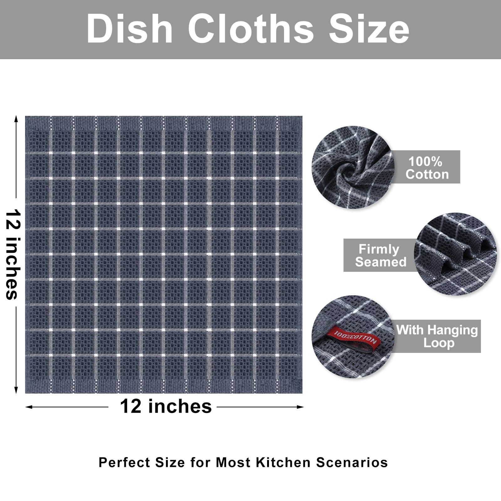 6 Pack Premium Cotton Waffle Weave Dish Towels - 12x12 Inch Super Absorbent & Quick Drying Kitchen Cloths - Lattice Design Dish Rags for Washing Dishes, Cleaning Countertops & Household Chores (Grey)