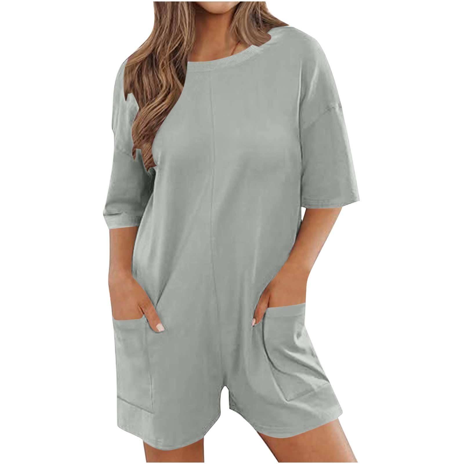 2024 Women's Summer Romper - Casual Half Sleeve Short Jumpsuit with Crewneck, Loose Fit Athletic Overalls & Pockets | Perfect for Beach Outings, Weekend Brunch & Outdoor Activities