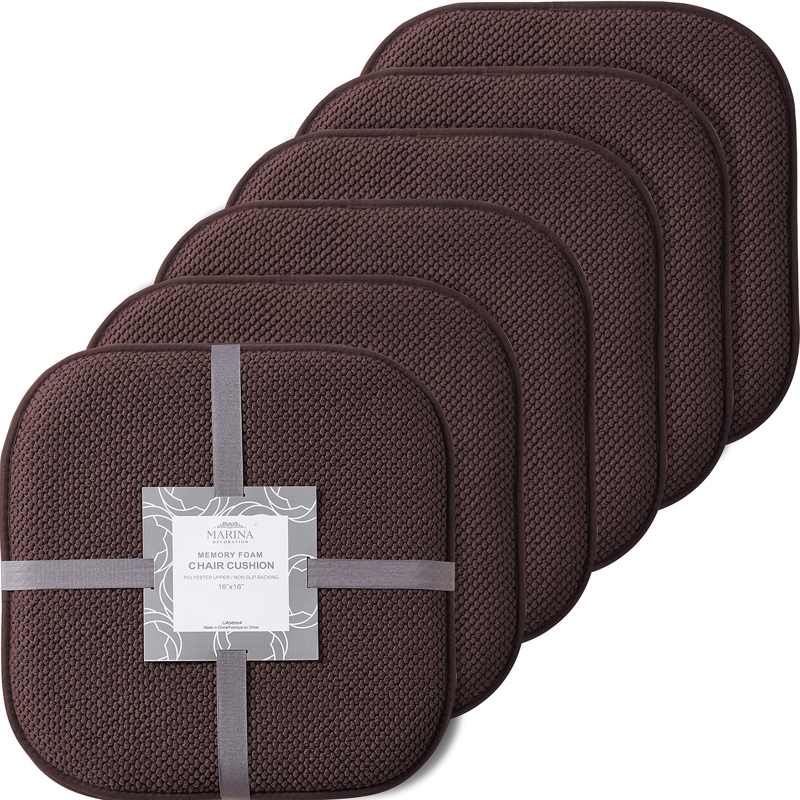 Premium Memory Foam Chair Cushions - 16x16 Inch Thick Comfortable Seat Pads with Honeycomb Design & Non-Slip Rubber Back - Set of 6 Brown Kitchen Chair Covers for Dining Room, Office, and Outdoor Use
