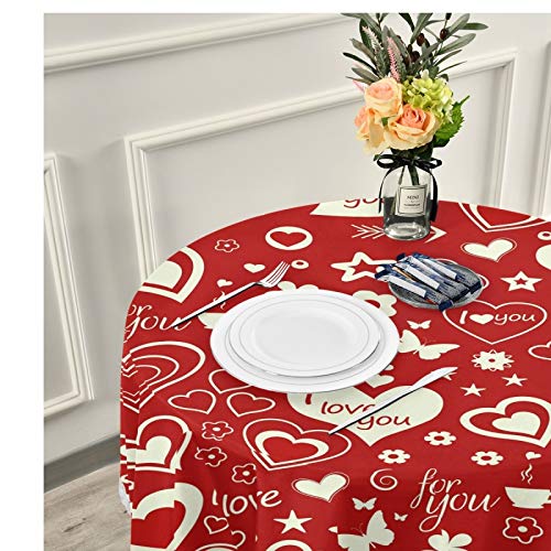 Romantic Love Hearts Pattern Round Tablecloth 60 Inch - Washable Reusable Lace Trim Table Cover for Dining Table, Wedding, Party & Home Decor - Perfect for Valentine's Day, Anniversary Gifts and Special Occasions