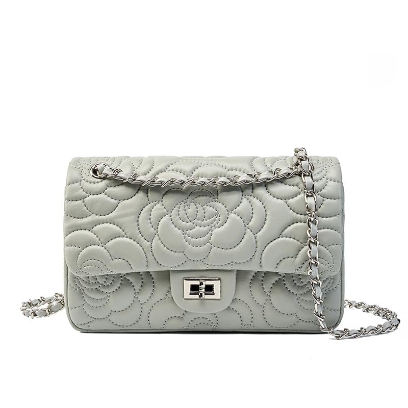 Genuine Leather Women's Shoulder Bag - Camellia Design Chain Strap Sheepskin Purse Handbag for Work, Travel & Everyday Use