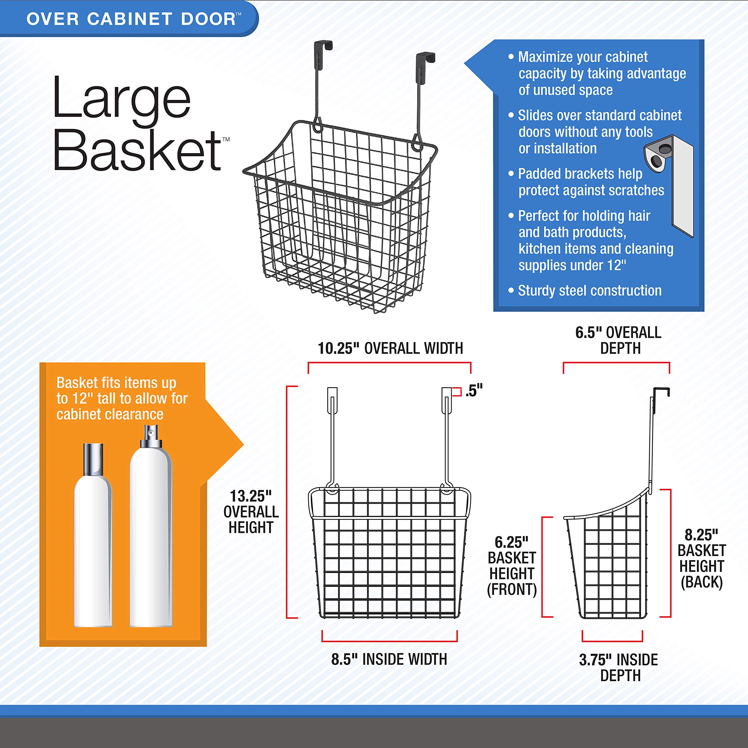 Large Bronze Spectrum Hanging Baskets - Over Cabinet Wire Storage Organizer for Kitchen & Bathroom - Perfect for Cleaning Supplies, Washcloths & Hand Towels | Space-Saving Home Organization Solution