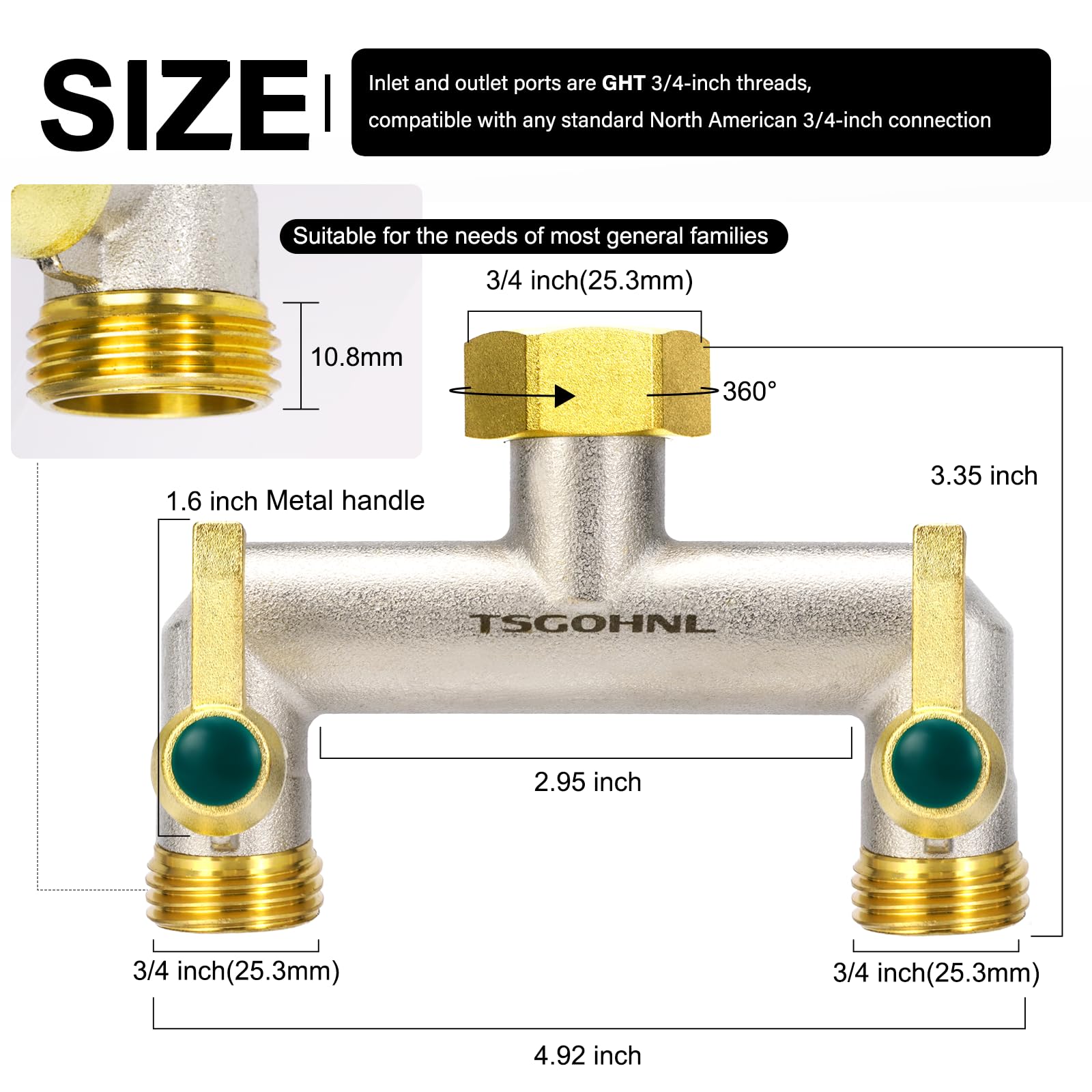 Heavy Duty Brass Garden Hose Splitter - 2-Way Faucet Splitter with Extended Metal Handles, 3/4-Inch GHT Hex Female Inlet & Male Outlet, Nickel Plated - Perfect for Outdoor Watering, Lawn Care & Garden Irrigation
