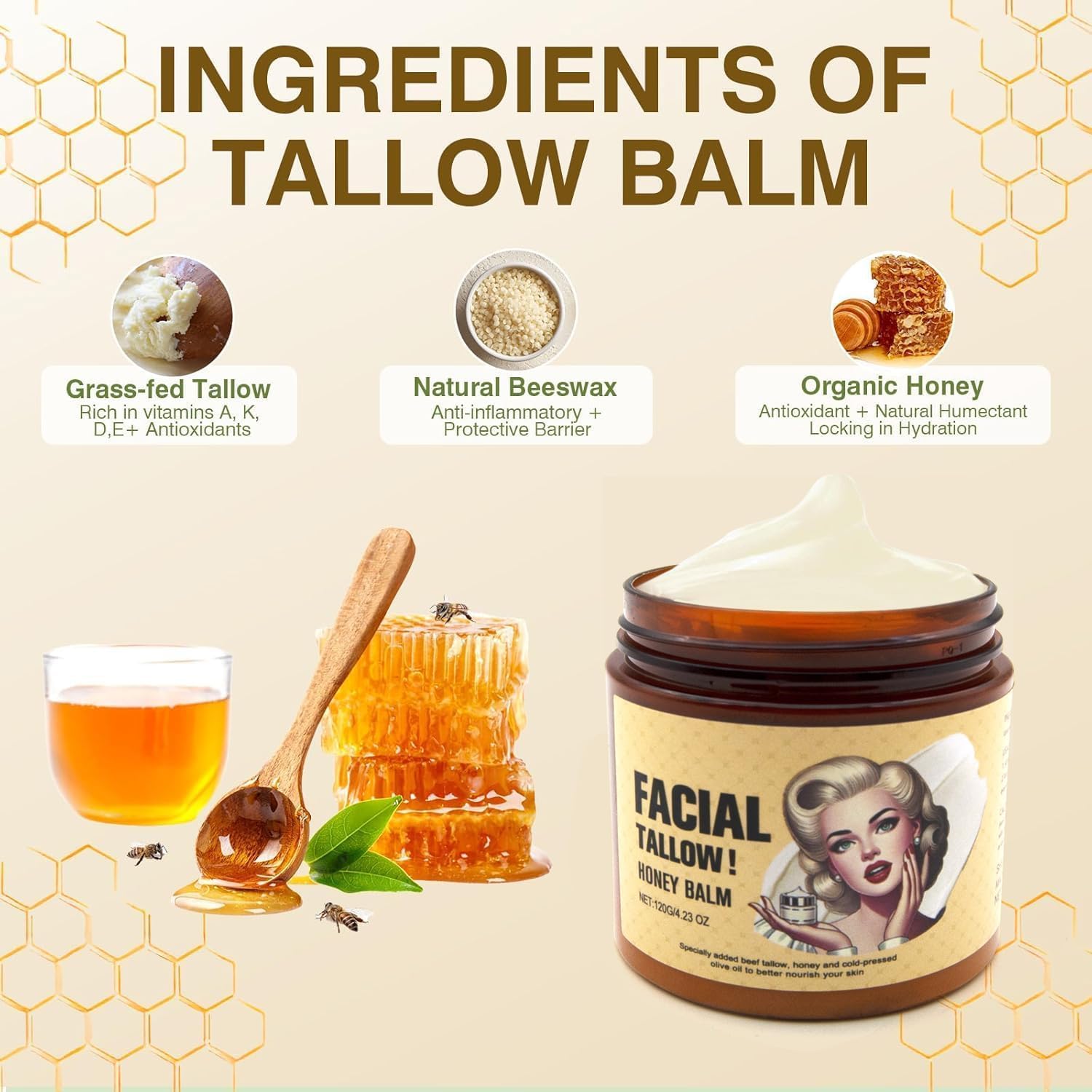 Organic Grass-Fed Beef Tallow Moisturizer & Honey Balm for Face & Body - Natural Skin Care Cream, Lotion for Dry & Sensitive Skin - Perfect for Daily Hydration & Nighttime Repair (2-Pack)
