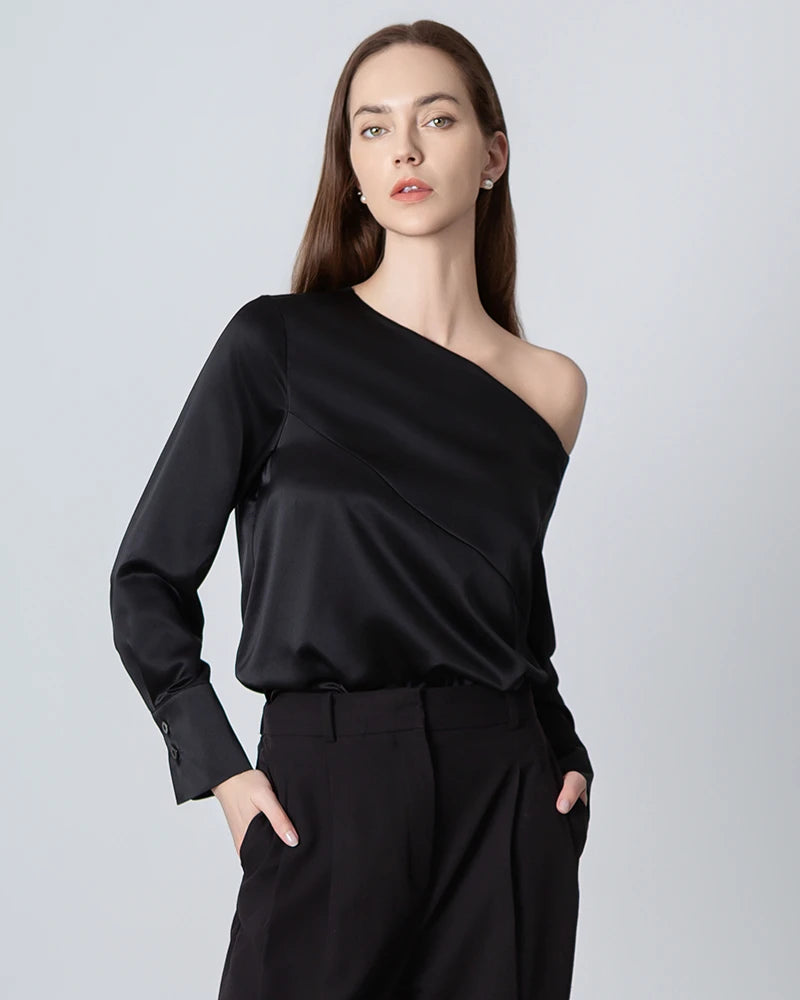 Elegant One Shoulder Long Sleeve Silk Blouse for Women - Luxury Party Wear & Evening Dress - Perfect for Date Nights, Cocktail Parties & Special Occasions