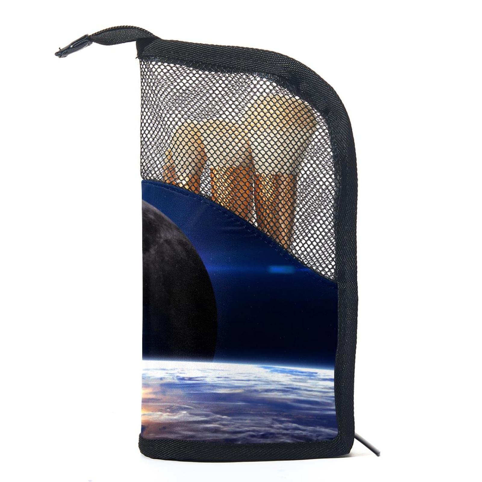 Premium Makeup Brush Organizer Bag with 12 Brushes - Spacecraft Moon Earth Rocket Design - Portable Cosmetic Brush Holder Case for Travel & Home Storage