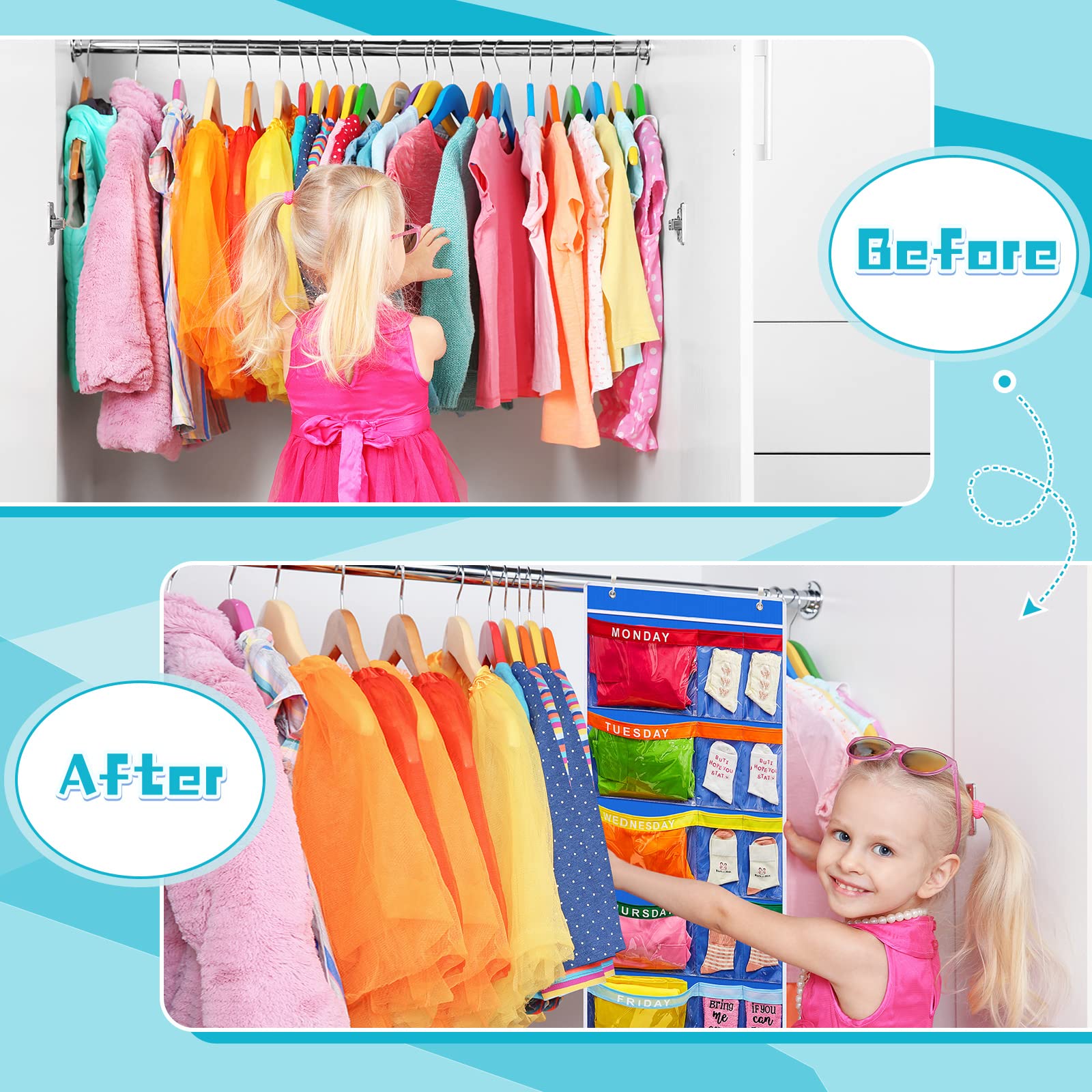 Oudain 2-Pack Weekly Kids Clothes Organizer - Monday to Friday Hanging Closet Storage for School Outfits & Children's Wardrobe (Blue) | Perfect for Busy Parents to Plan Weekly Outfits & Save Morning Time
