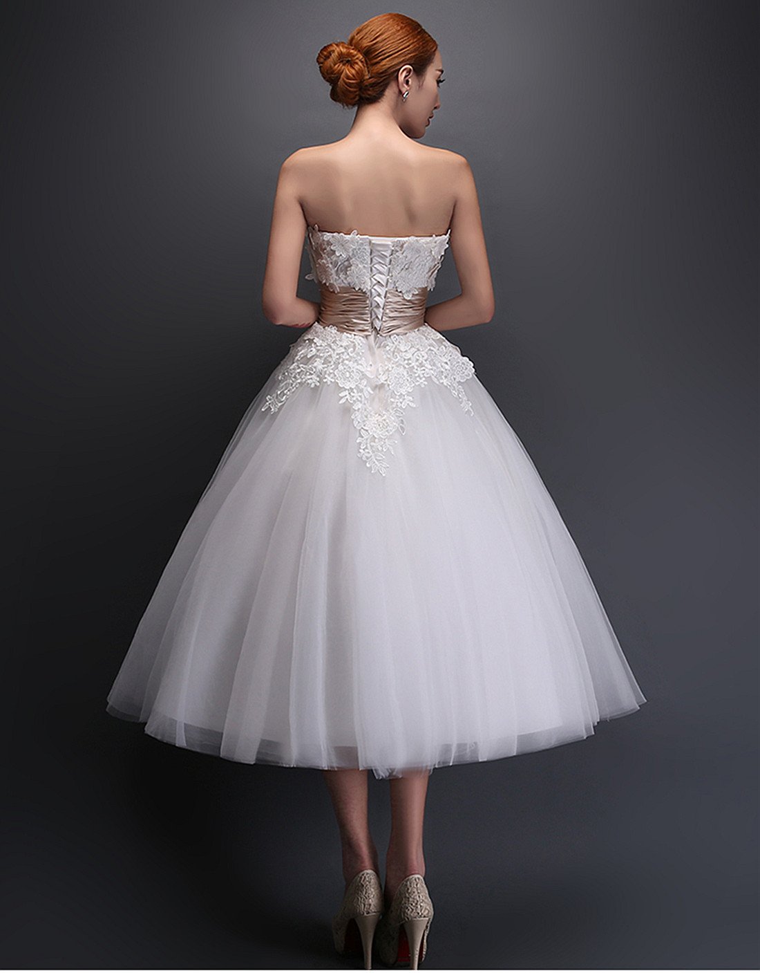 Vintage Tea Length Lace Wedding Dress for Women - Elegant Tulle Bridal Gown for Garden Weddings, Vintage Theme Parties & Romantic Photoshoots