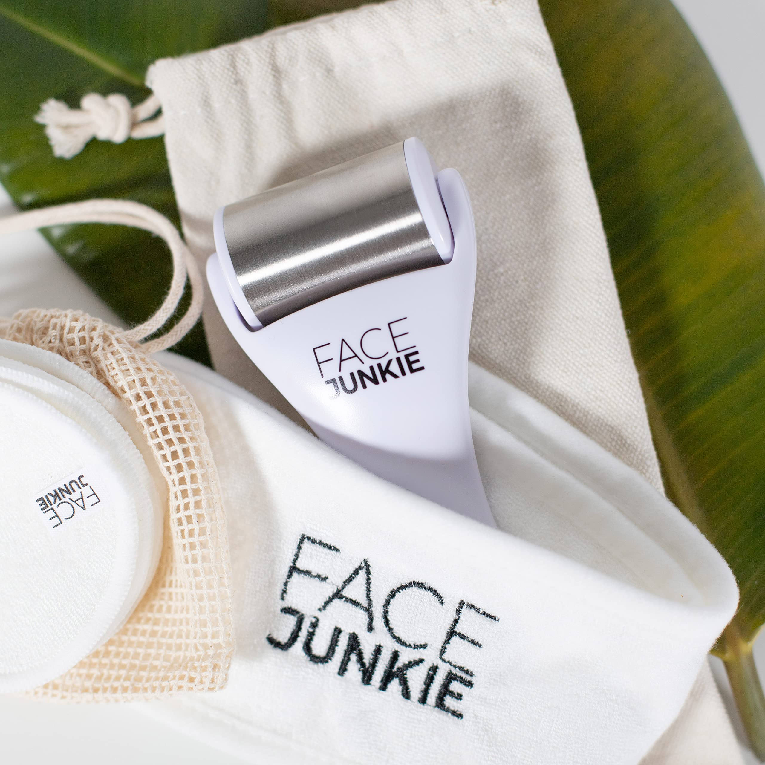 Face Junkie Skincare Set - Jade Roller & Reusable Bamboo Face Pads with Headband | Natural Facial Massage Tools for Glowing Skin | Perfect for At-Home Spa & Self-Care Routine