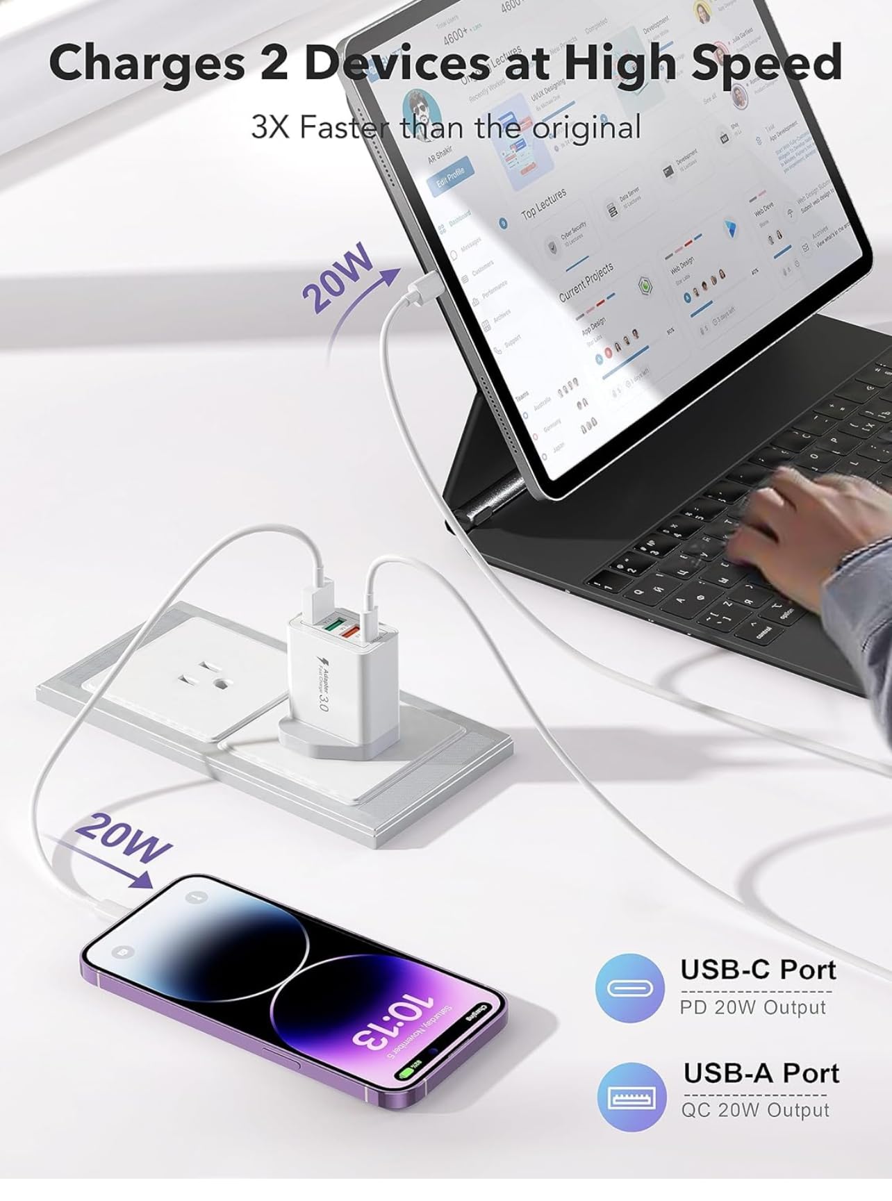 20W USB C Fast Charger with PD & QC 3.0 - 4 Port Multi USB Wall Charger Adapter for iPhone 15/14/13/12/11/Pro Max/XS/XR/X, Samsung Galaxy S22/S21/S20 FE - Perfect for Home, Office & Travel Charging Needs