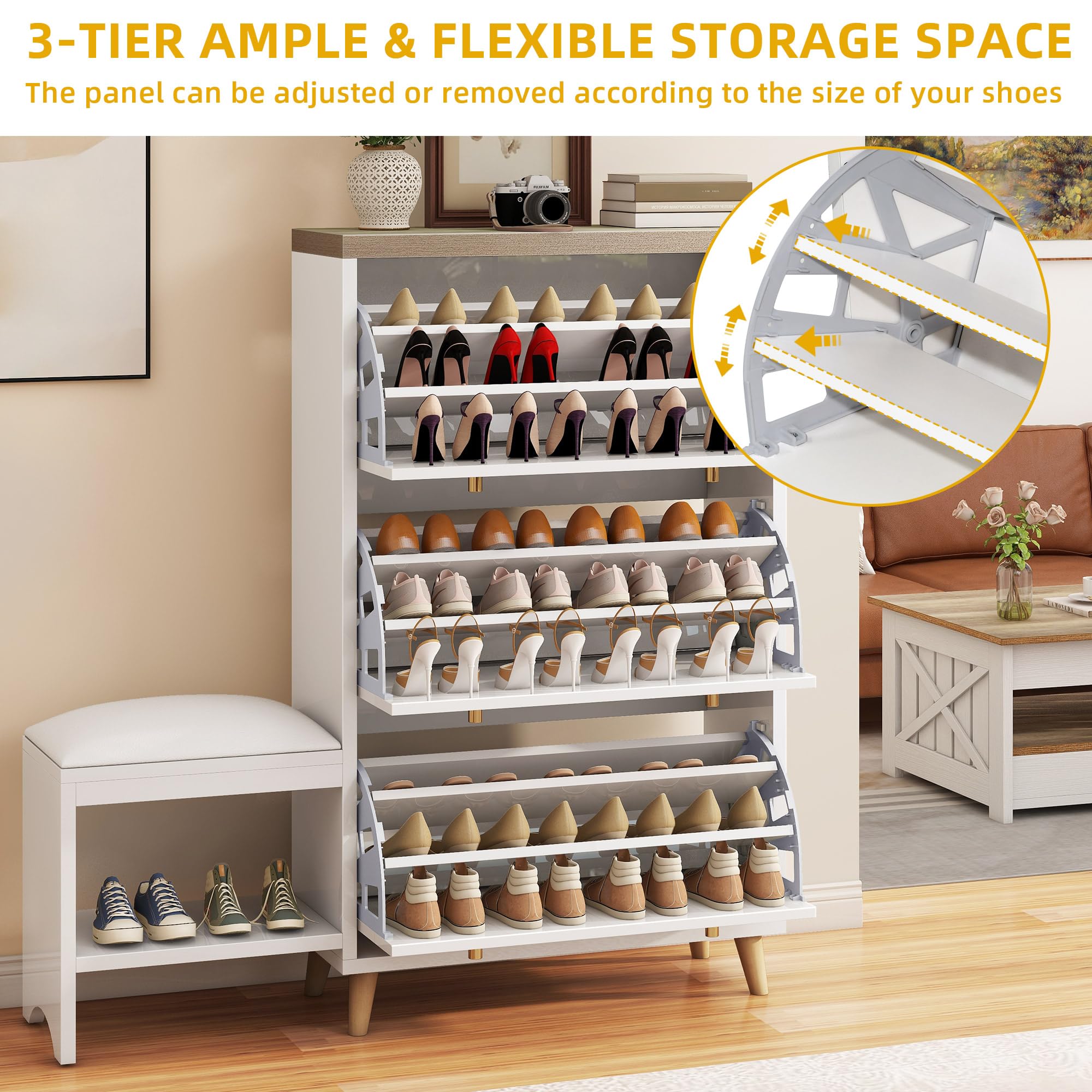 Modern White Shoe Cabinet with Bench - Narrow Hidden Shoe Organizer with 3 Flip Drawers for Entryway, Hallway, Closet & Living Room | Space-Saving Shoe Storage Solution for Small Spaces & Home Organization