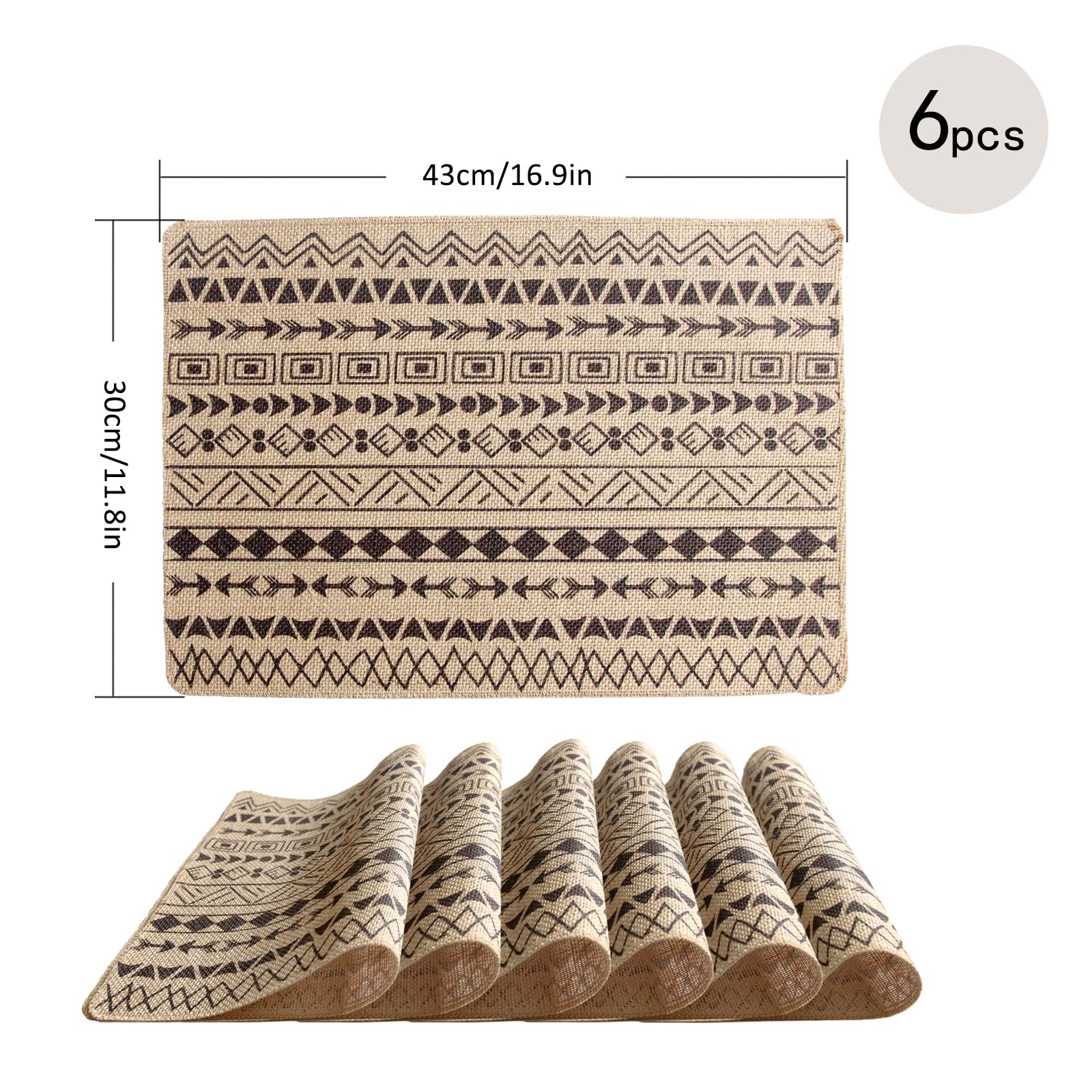 Natural Jute Placemats Set of 6 - Rustic Washable Linen Table Mats for Kitchen Dining, Thanksgiving, Parties & Weddings - Boho Chic Home Decor for Farmhouse & Modern Tables