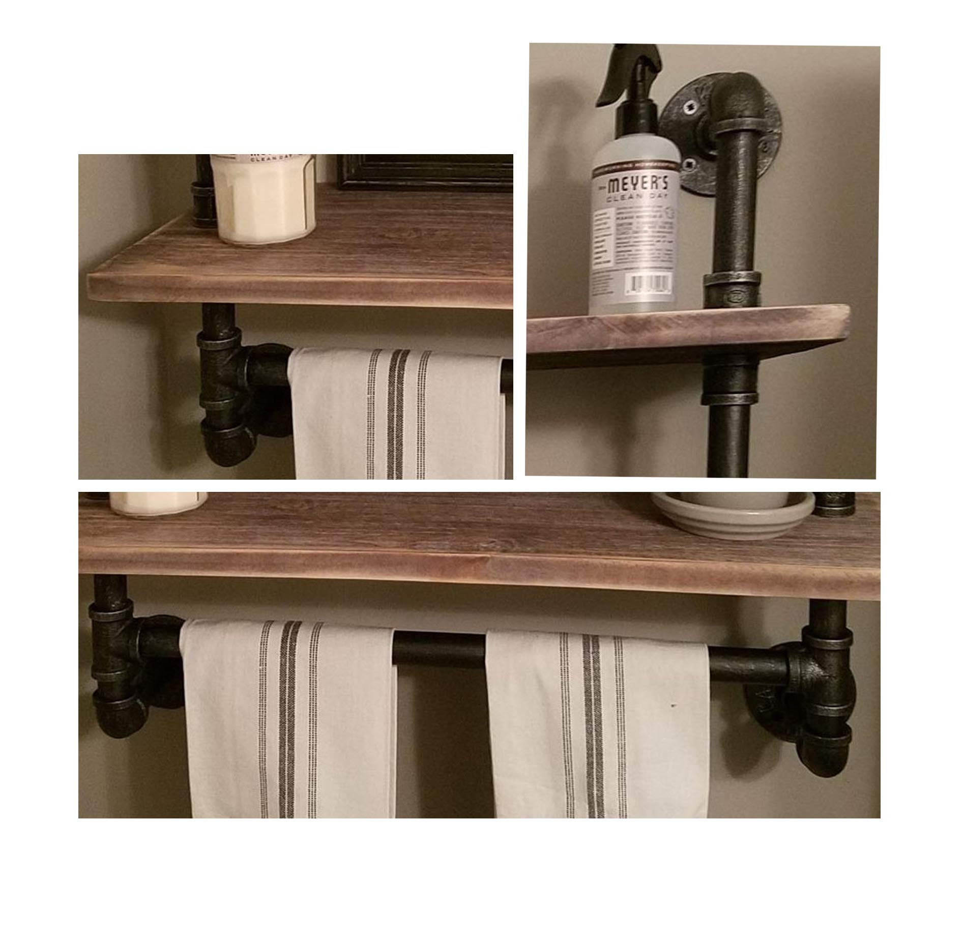 Industrial Pipe Shelf - Rustic Wall Shelf with Towel Bar, 24 Inch Bathroom Towel Rack, 3-Tier Wood Shelving Unit for Bathroom Storage | Perfect for Farmhouse Decor, Spa Organization & Small Space Solutions