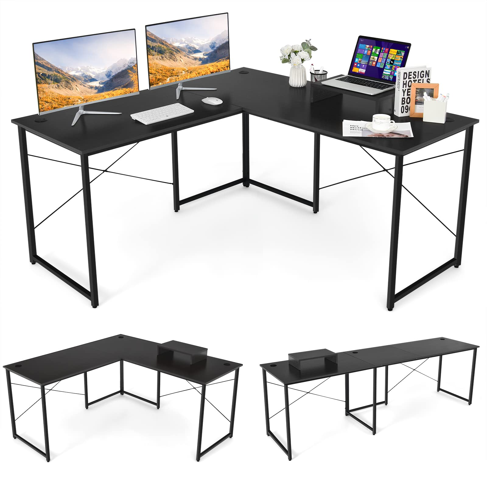 Tangkula L-Shaped Computer Desk with Monitor Stand - Reversible Corner Study Writing Desk for Home Office, 3 Cable Holes, Spacious 2-Person Workstation, Ergonomic Laptop Desk (Black) - Perfect for Small Spaces, Gaming Setup & Remote Work