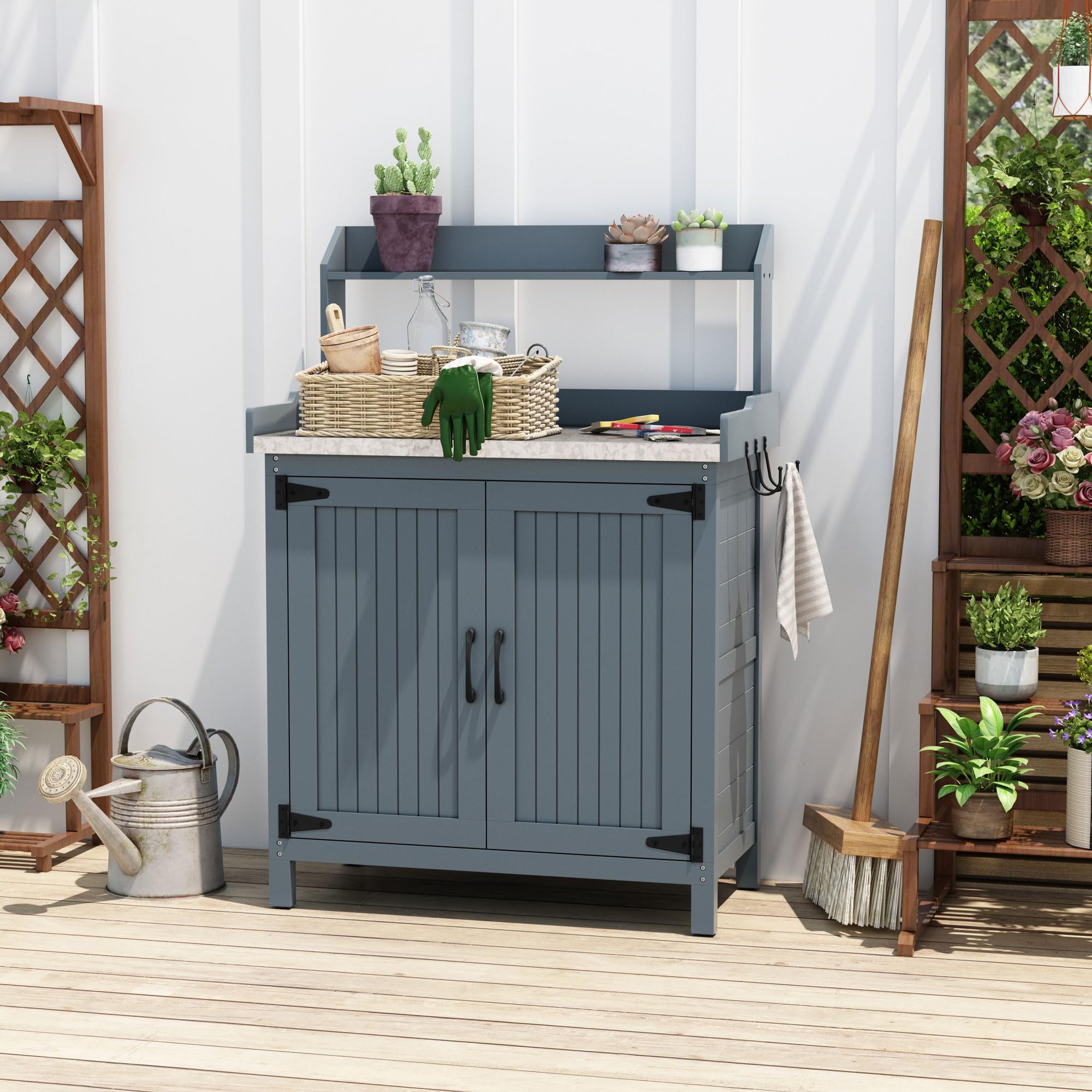 Wooden Gardening Table with Storage - Metal Top Potting Bench for Patio, Greenhouse & Outdoor Use