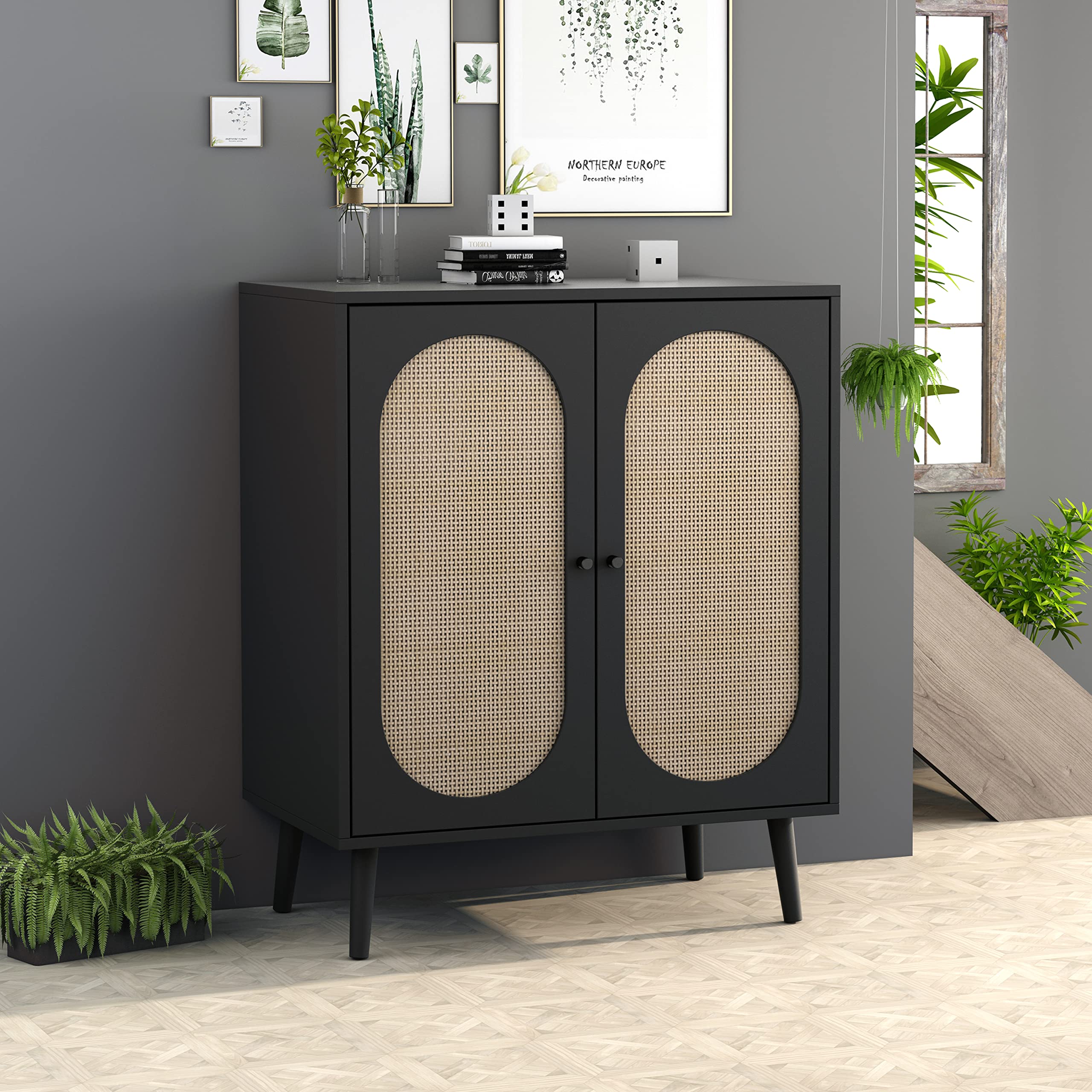 Modern Sideboard Buffet Cabinet with Rattan Doors & Adjustable Shelves - Stylish Kitchen Storage Cabinet for Living Room, Bedroom, Dining Room - Perfect for Organizing Dishes, Linens & Home Decor (Black)