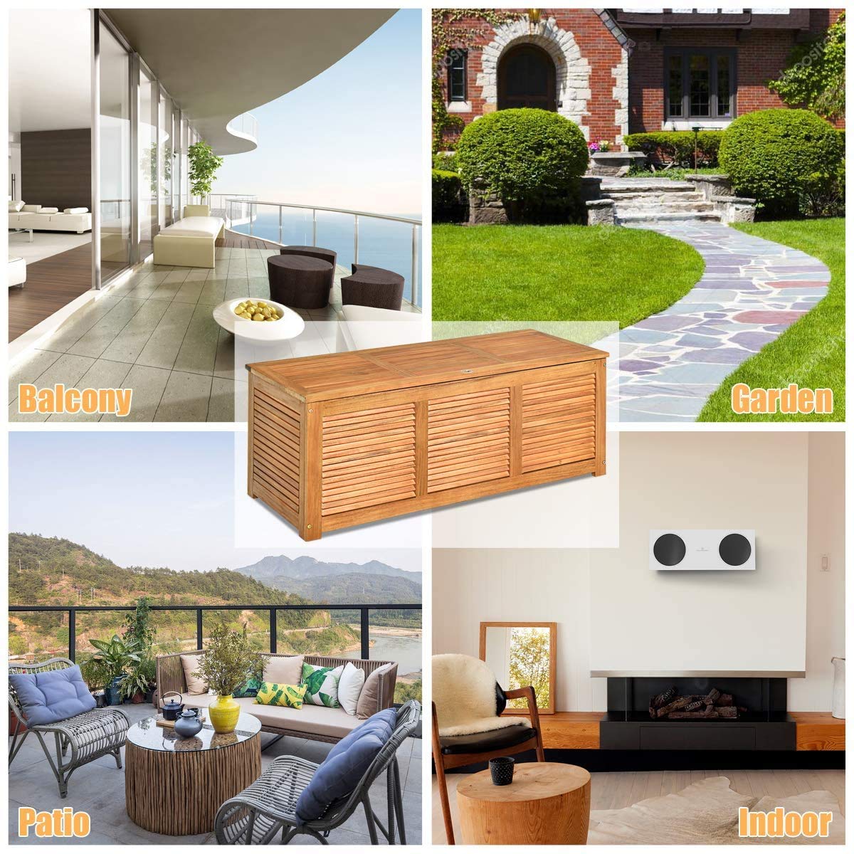 LDAILY Mocha Garden Backyard Storage Bench - Large Acacia Wood Deck Box with Lid - Outdoor Patio Furniture Cushion & Gardening Tool Organizer - Perfect for Backyard, Deck, and Garden Storage Solutions