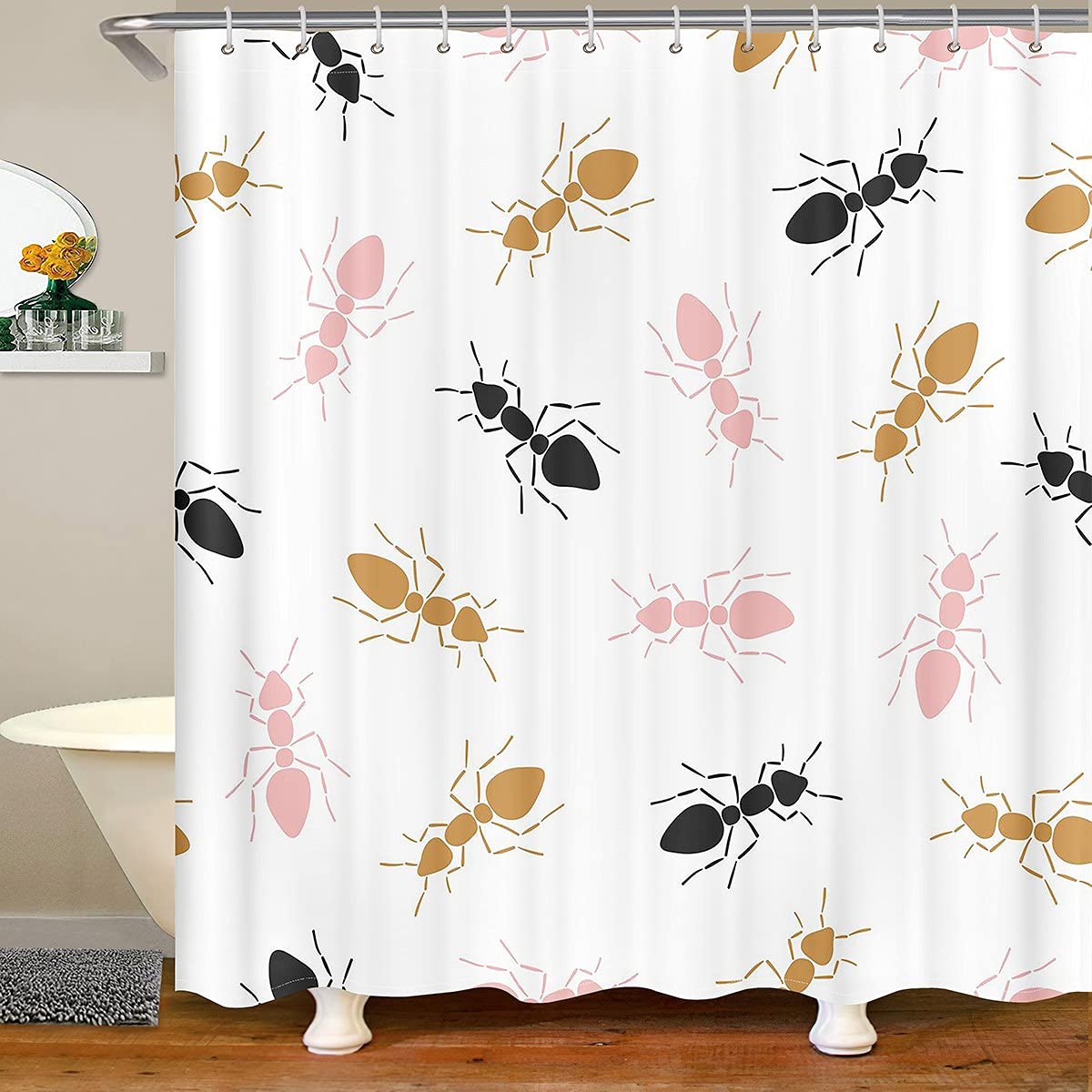 Feelyou Cartoon Ant Fabric Shower Curtain - Waterproof Bathroom Decor for Kids (72x72 Inches) | Cute Animal Design for Boys & Girls | Pink, Brown, Black Theme | Perfect for Children's Bathrooms, Playrooms & Themed Decor