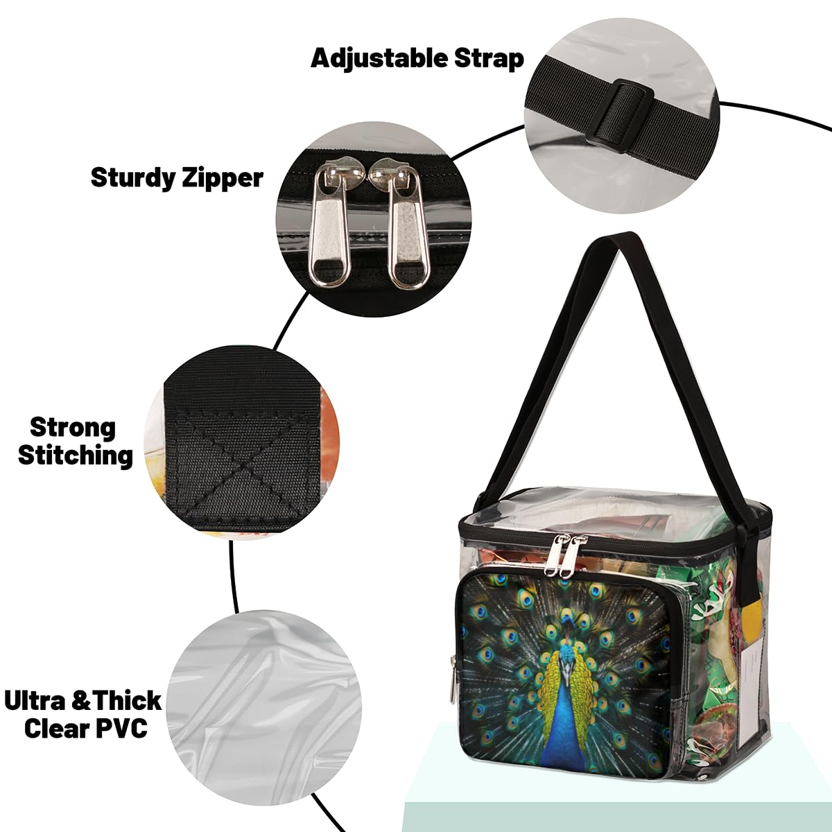 GzLeyigou Transparent Peacock Print Tote Bag with Handles - Clear Shoulder Bag for Women, Fashionable Crossbody Purse for Outdoor, Travel, Picnic, Concerts & Sports Events (Stadium Approved) - Perfect for Beach Days, Music Festivals and Shopping Trips