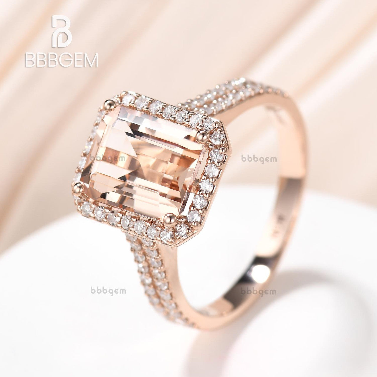 4 Carat Yellow Gold Natural Morganite Diamond Halo Engagement Ring - 8x10mm Emerald Cut Vintage Style for Wedding, Proposal & Anniversary Gifts