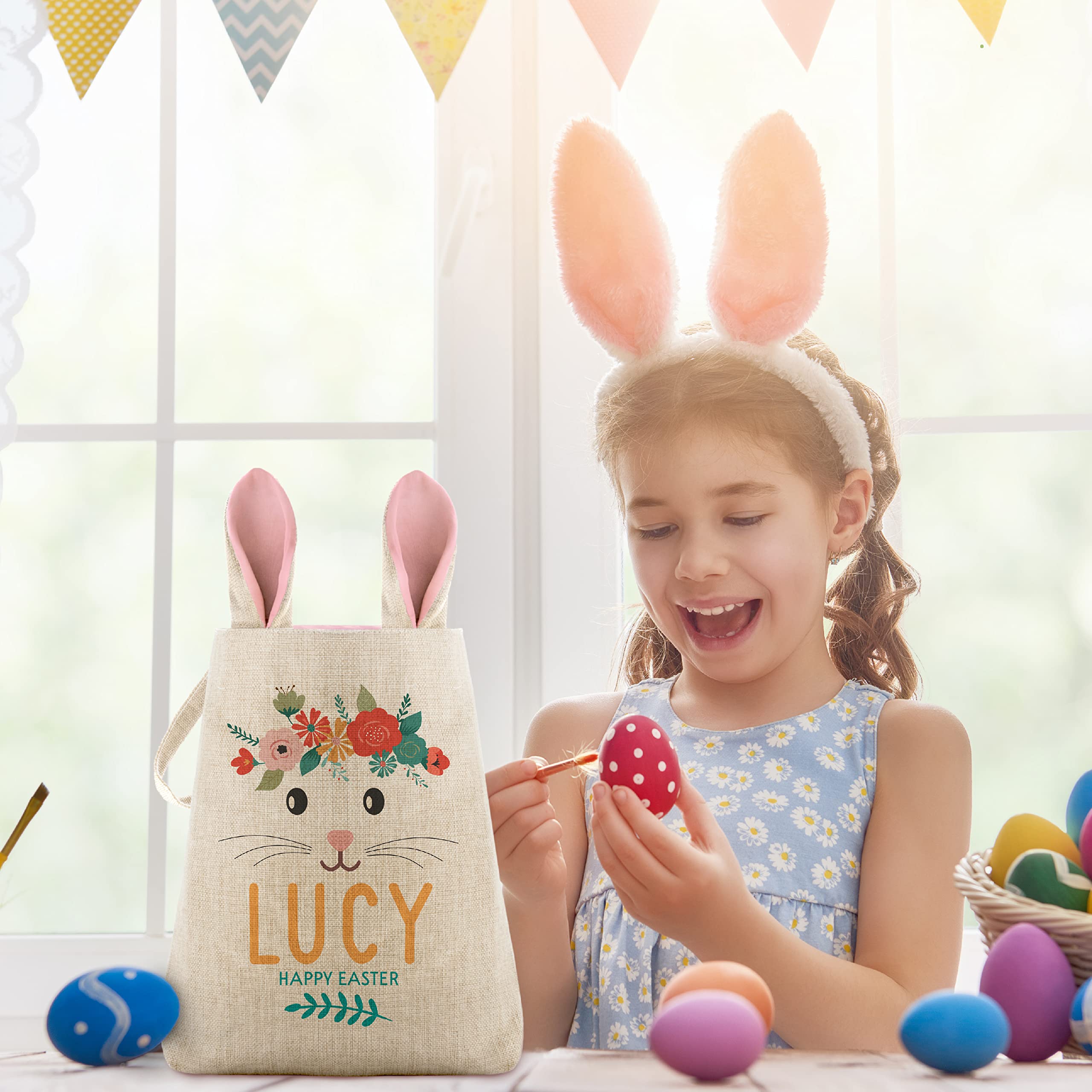 Personalized Easter Basket Set of 2 for Girls & Boys - Custom Name, Blue/Pink Bunny Ears, 8 Design Options - Easter Egg Tote Bags with Handle - Kids Easter Gift & Candy Basket for Egg Hunts, Party Favors & Holiday Celebrations