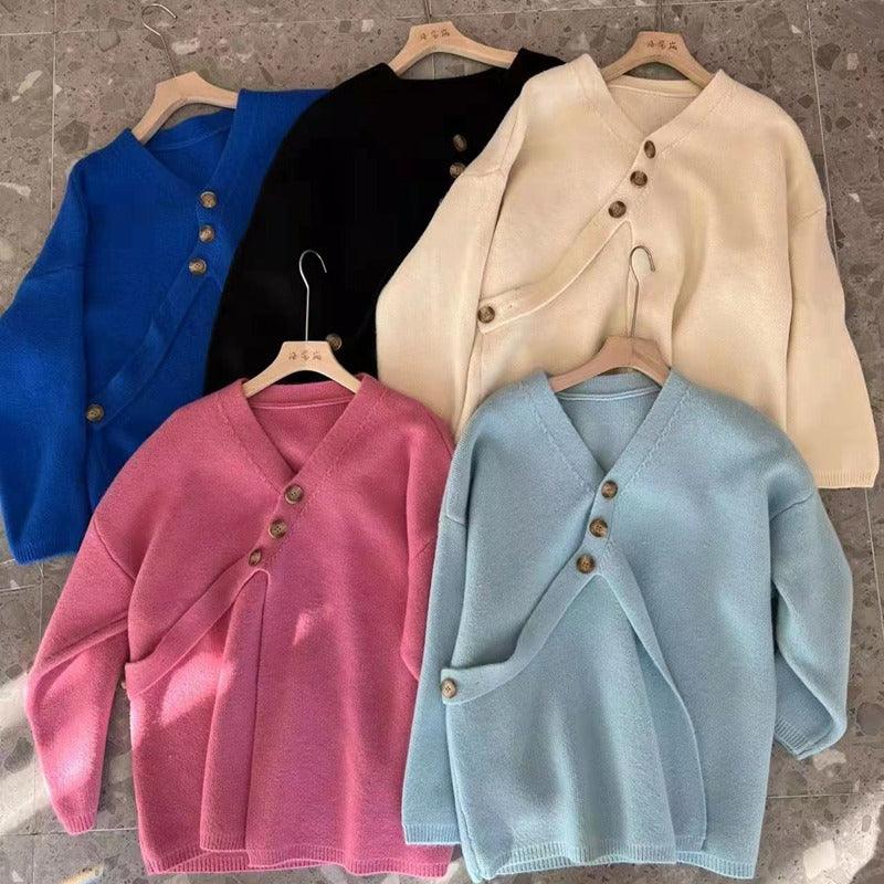 Lovevop Women's Cross V Neck Diagonal Button Loose Knit Cardigan Sweater - Cozy Fall & Winter Layering Piece for Casual Outfits and Office Wear