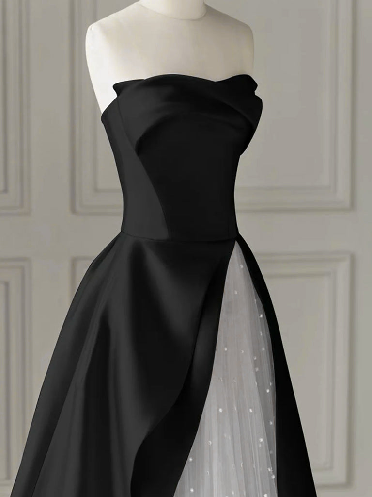 Elegant A-Line Tulle Satin Black & White Long Prom Dress - Formal Evening Gown for Homecoming, Wedding, Ballroom Dance & Special Occasions