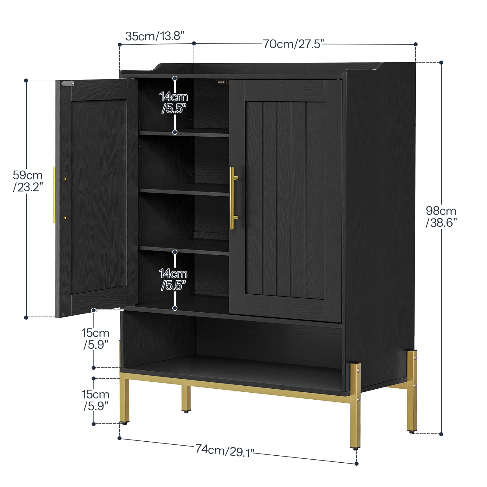 HOOBRO 5-Tier Wooden Shoe Cabinet with Doors - Freestanding Shoe Storage Organizer for Entryway & Hallway, Adjustable Shelves, Gold & Black (DB41SC01) - Perfect for Small Spaces, Apartment Living & Closet Organization
