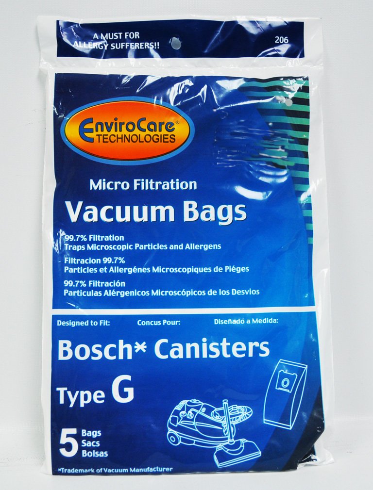 Bosch Canister Vacuum Cleaner Bags - EnviroCare Replacement for Type G - 99.7% Microfiltration - 5 Pack - Perfect for Pet Hair, Allergies & Deep Cleaning Hardwood Floors
