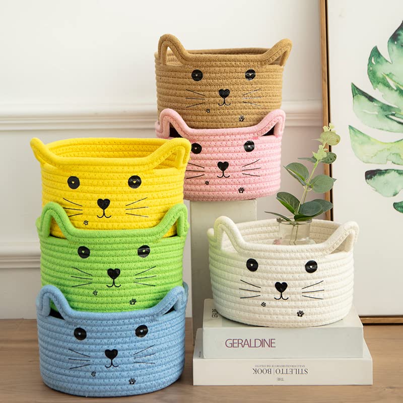 Kamuavni Woven Storage Basket - Cotton Rope Baby Organizer with Handle, Nursery Toy Bin for Kids, Pet Cat Dog Basket, Easter Gift Basket (Yellow) - Perfect for Nursery Organization, Pet Toy Storage & Holiday Gift Giving