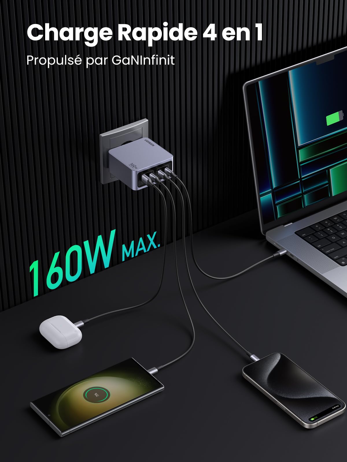 UGREEN Nexode Pro 160W GaN Fast Charger with 4 USB C Ports - PD 3.0 Quick Charge for iPhone 16/15/14/13/12 Pro Max, Galaxy S24/S23/S22 Ultra, Pixel, iPad & MacBook M4/M3/M2/M1 - Perfect for Home, Office & Travel Charging Multiple Devices Simultaneously