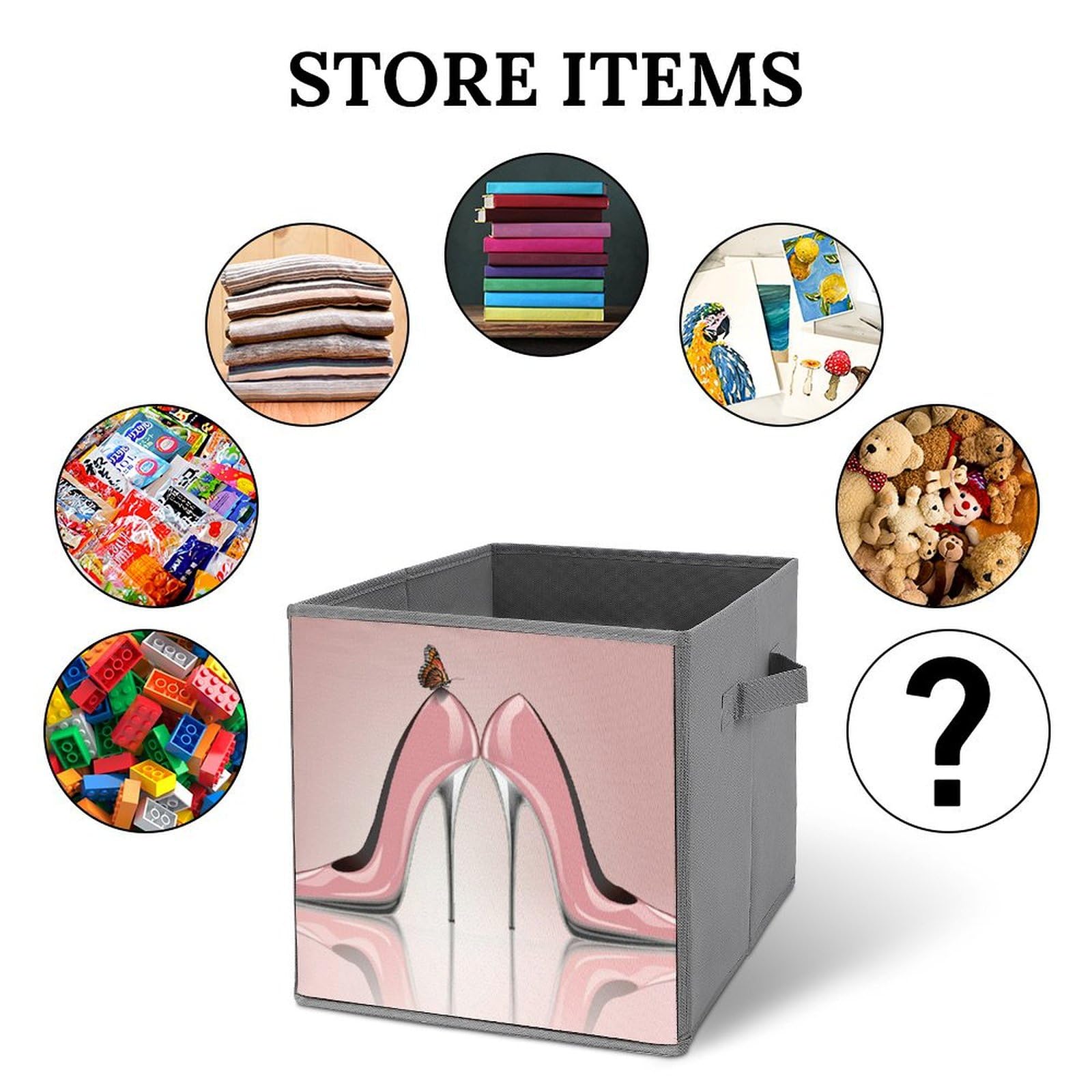 Elegant Pink Cube Storage Bin with Butterfly High Heel Design - Foldable Fabric Baskets with Handles for Closet, Pantry, Shelf & Toy Organization - Perfect for Bedroom, Nursery & Playroom Storage Solutions