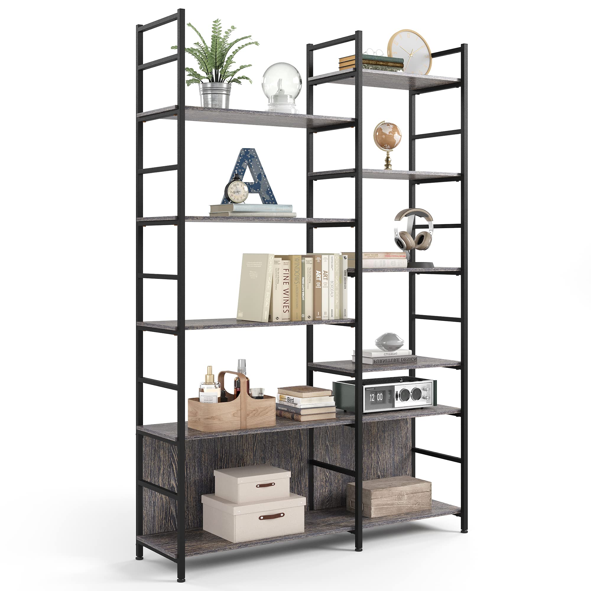 LINSY HOME 5-Tier Industrial Bookshelf - Double Wide DIY Bookcase with 10 Storage Shelves, Open Display Shelf with Sturdy Metal Frame for Living Room, Bedroom & Home Office (Black Gold) - Perfect for Organizing Books, Decor & Storage Needs