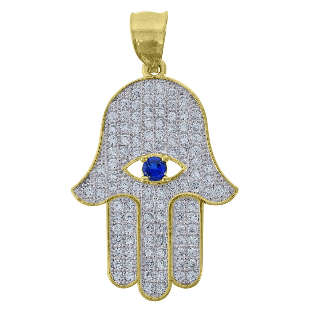 10K Gold Two-Tone CZ Men's Hamsa Blue Stone Evil Eye Pendant Necklace - 36.7mm x 21mm Religious Jewelry Gift for Him - Perfect for Spiritual Protection, Daily Wear & Special Occasions