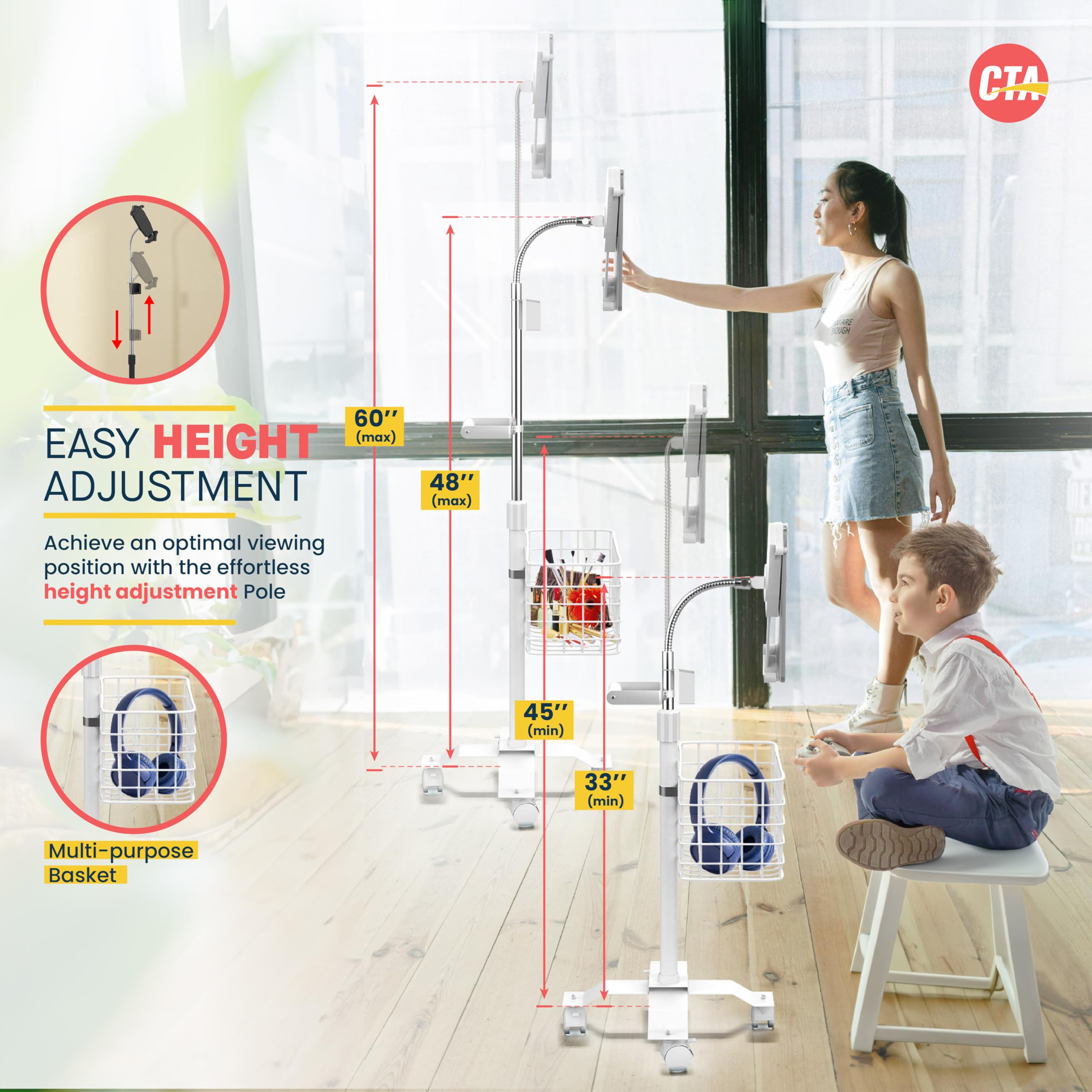 Adjustable Rolling Gooseneck Floor Stand with Metal Basket, Cradle & Handle for iPad 7/8/9 Gen 10.2