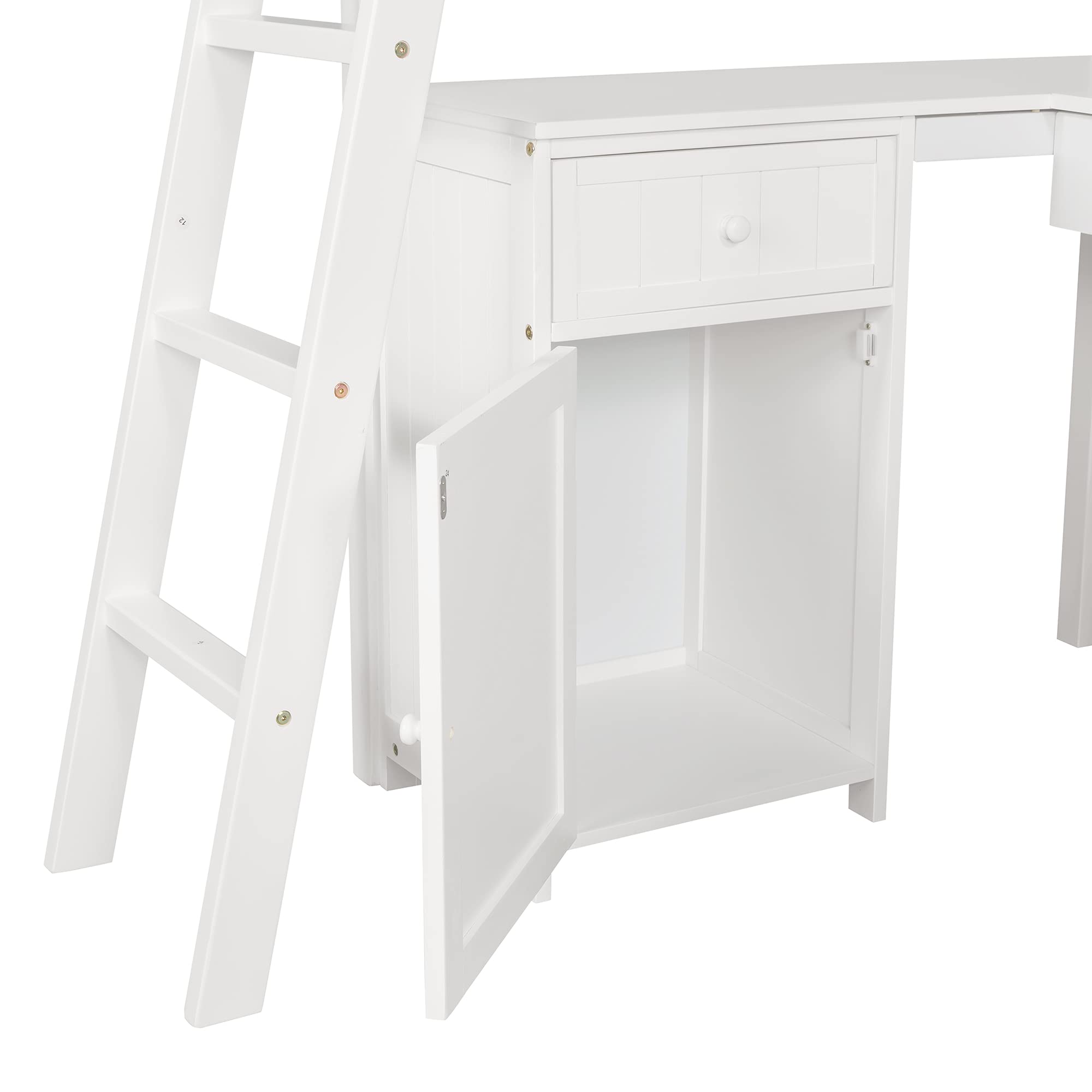 **Twin Size Wooden Loft Bed for Kids with Desk, Drawers, Cabinet & Shelves - Space-Saving Multi-Functional Bed Frame - Perfect for Small Bedrooms, Dorms & Kids' Rooms (White)**