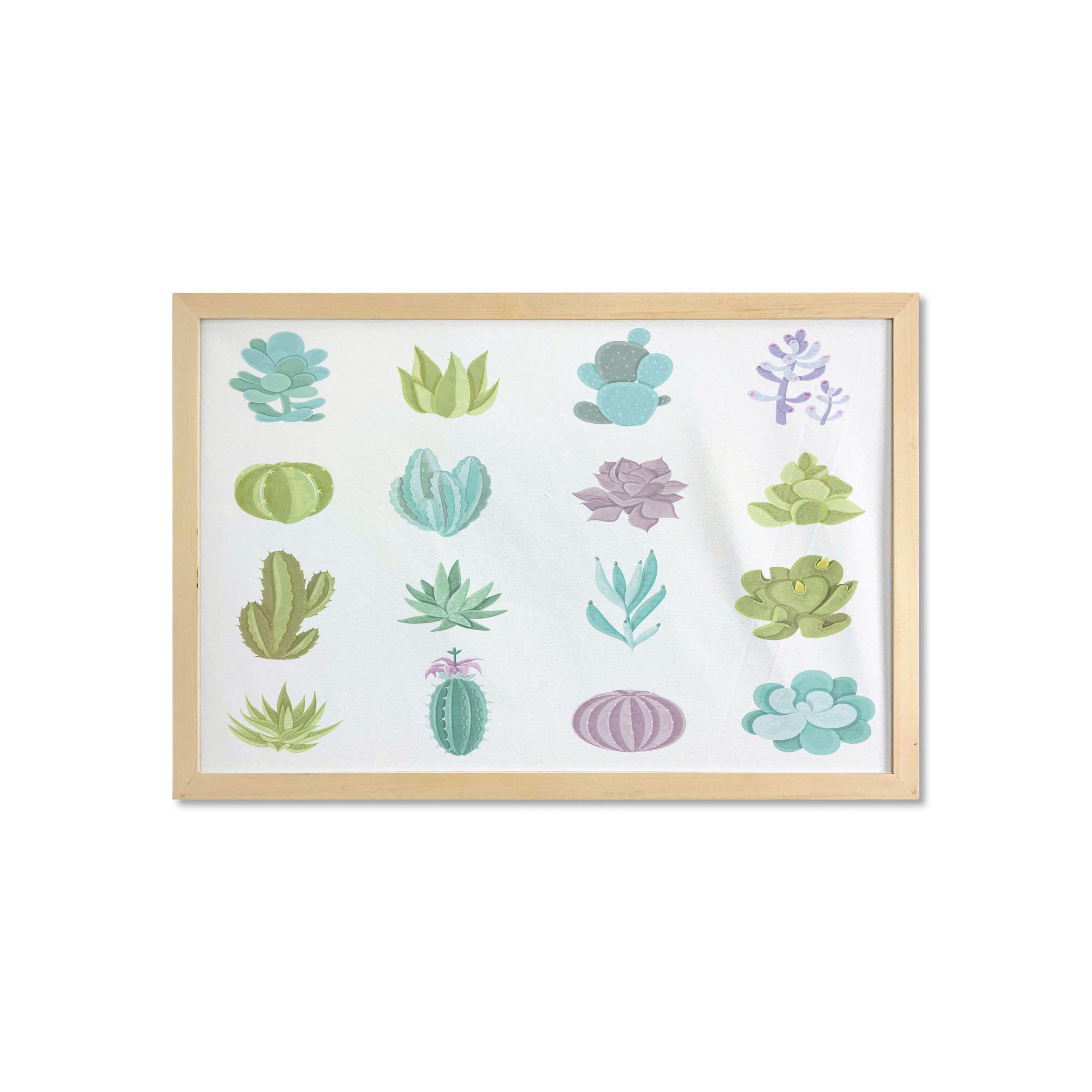 Ambesonne Exotic Wall Art with Frame - Saguaro Cactus, Barbary Fig, Prickly Pear & Peyote Tropical Plants Print, Green Turquoise Fabric Poster 35