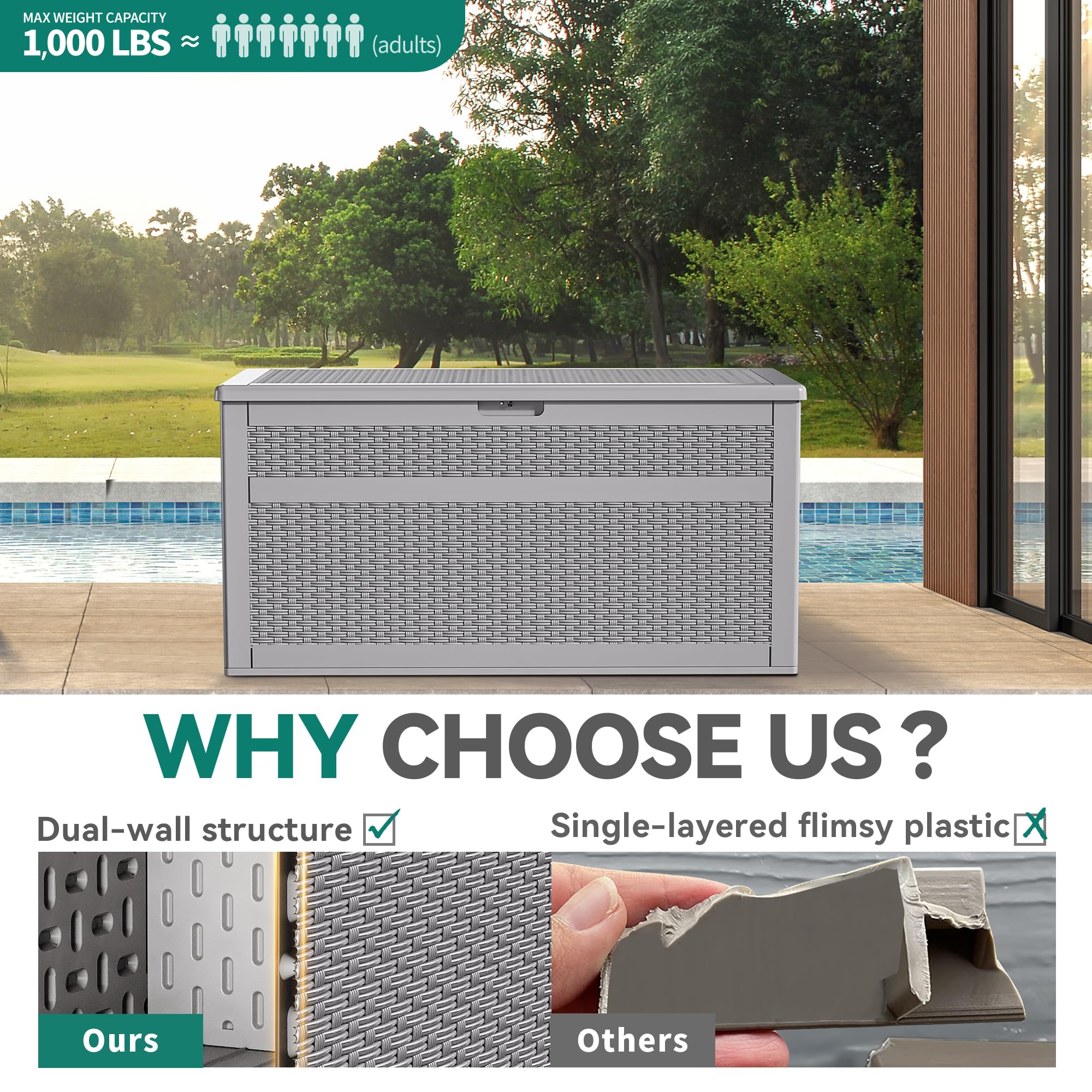 YITAHOME 230 Gallon Large Deck Box with Divider & Side Handles - Outdoor Double-Wall Storage Container for Patio Furniture Cushions, Garden Tools, Pool Accessories - Waterproof & Lockable Deck Storage Box for Backyard, Patio, and Poolside Organization