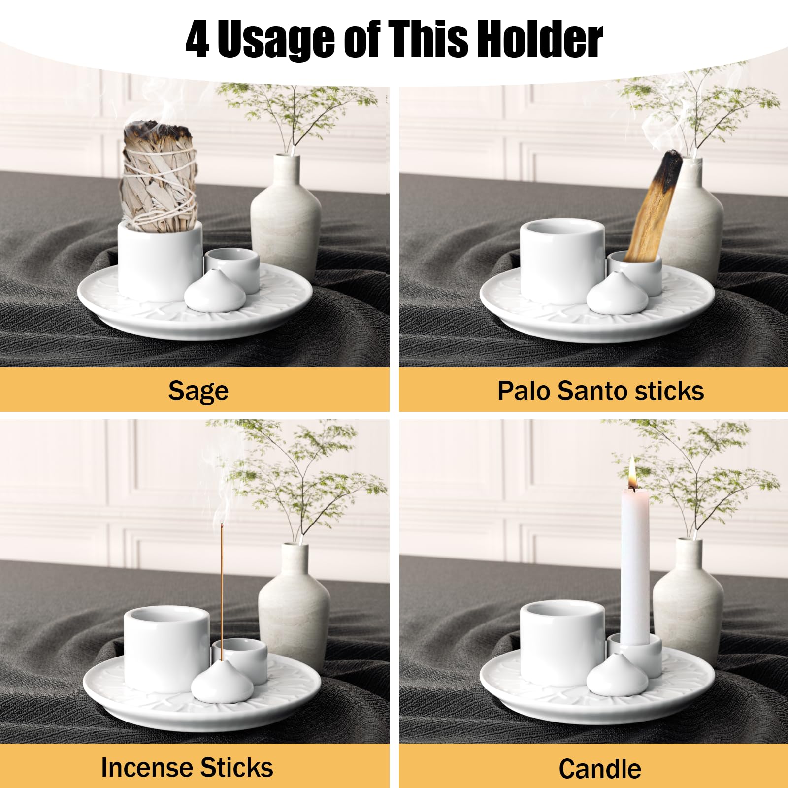 Palo Santo Holder - 4 in 1 Ceramic Incense & Candle Holder with Ash Catcher Tray - Meditation Room Decor for Yoga, Aromatherapy & Spiritual Healing - Easy Clean White Home Accessory