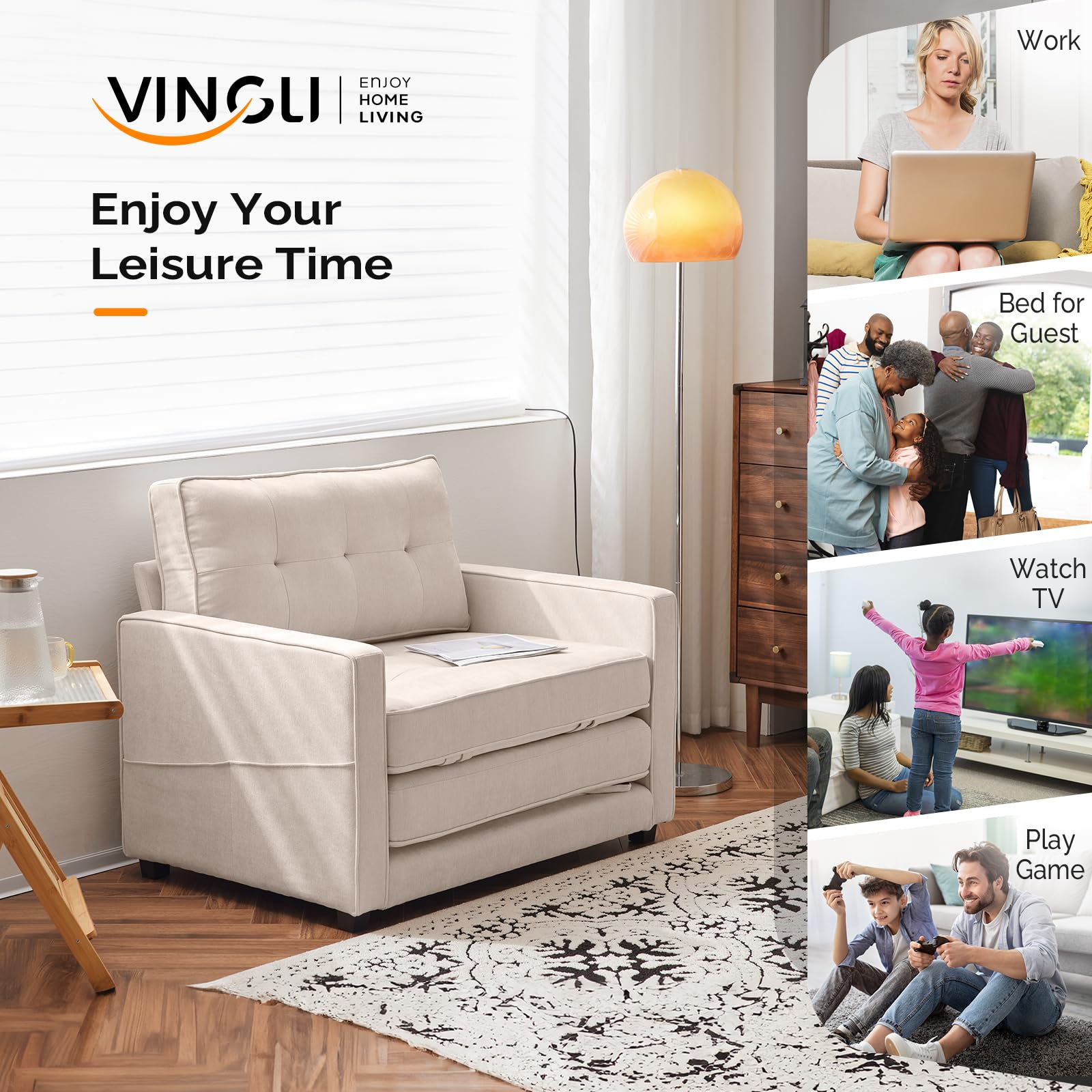 VINGLI Convertible Sleeper Chair Bed - Foldable Sofa Bed for Living Room, Office & Guest Room - Single Futon Couch in Beige - 43