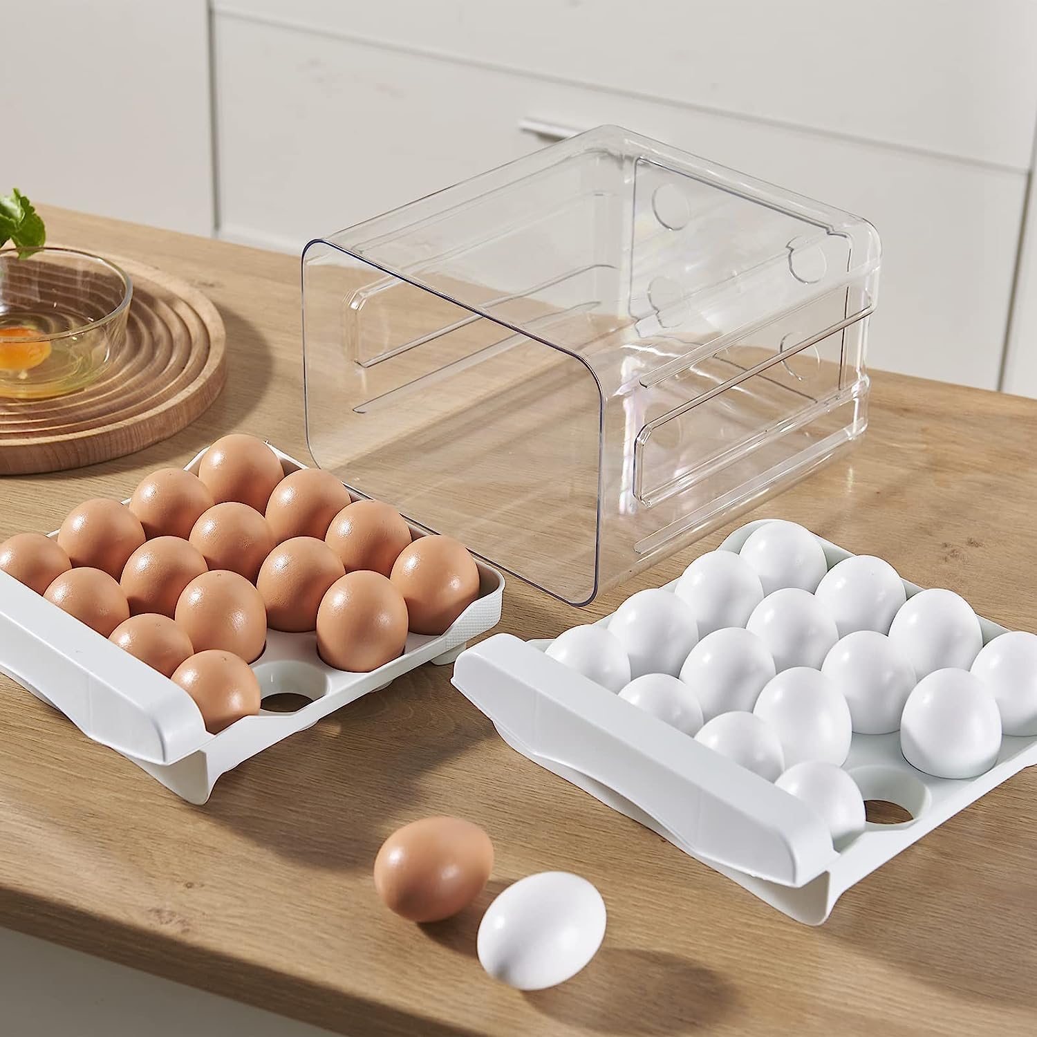 Pink Plastic Egg Holder - 2 Tier Stackable Refrigerator Egg Storage Box with Handles, Holds 32 Eggs (Pack of 1) - Perfect for Kitchen Organization, Fridge Storage & Farm Fresh Egg Display