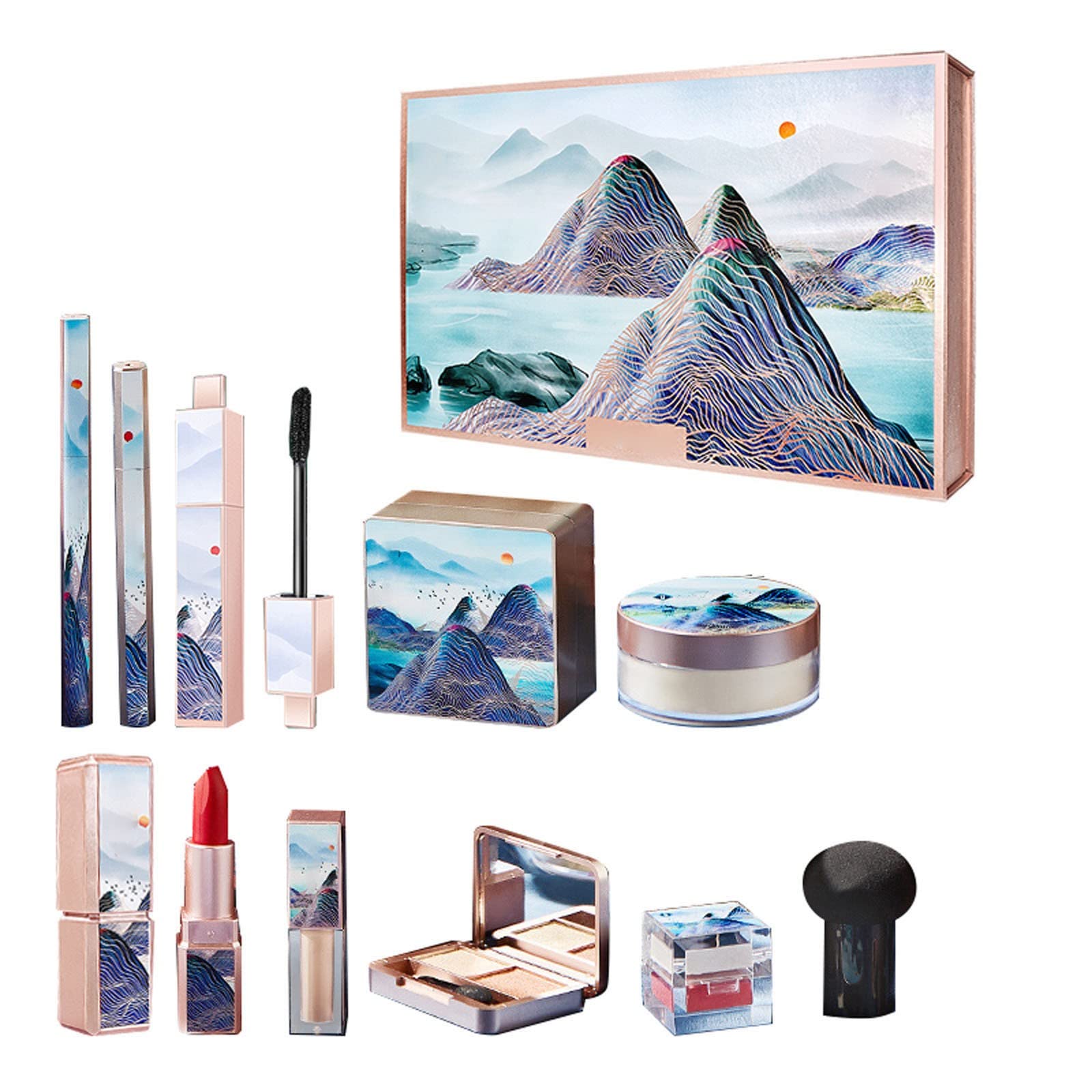 10-Piece Non-Stick Cup Long-Lasting Cosmetic Set - Lipstick, Air Cushion, Setting Powder, Eye Shadow, Mascara & Eyeliner Kit | Beginner Friendly Makeup Gift Box | Perfect for Daily Use & Travel