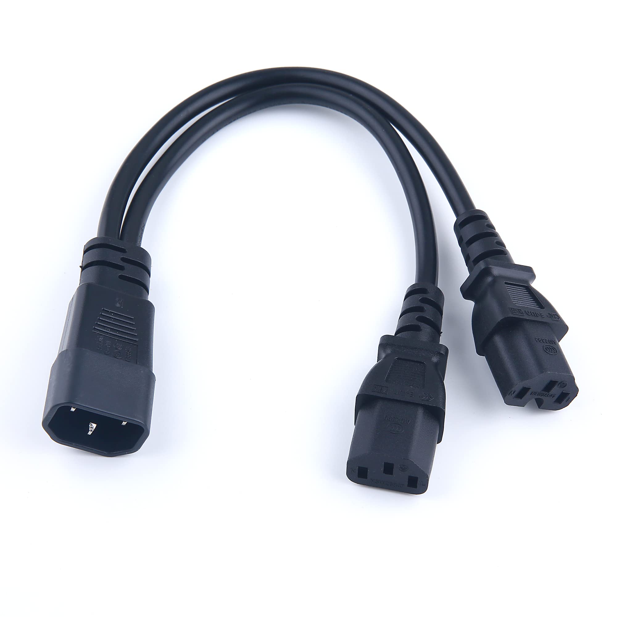 C14 to C13+C15 Y Splitter Power Cord - 30cm Male to Female Adapter Cable for Server, PC & UPS - Ideal for Data Centers & Home Office Setup