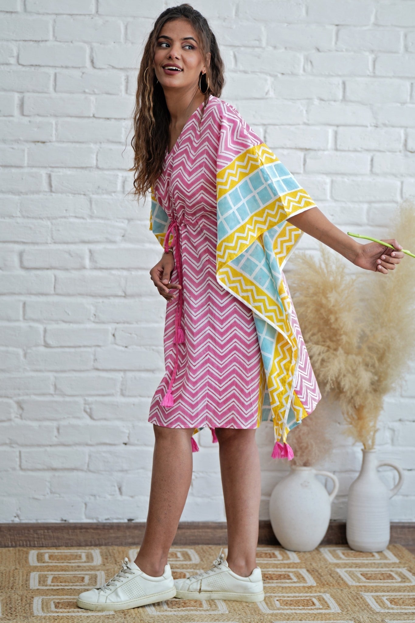 Stylish Sugar Rush Hand Block Printed Kaftan - Boho Chic Cotton Dress for Women - Perfect for Beach Vacations, Summer Parties & Casual Outings